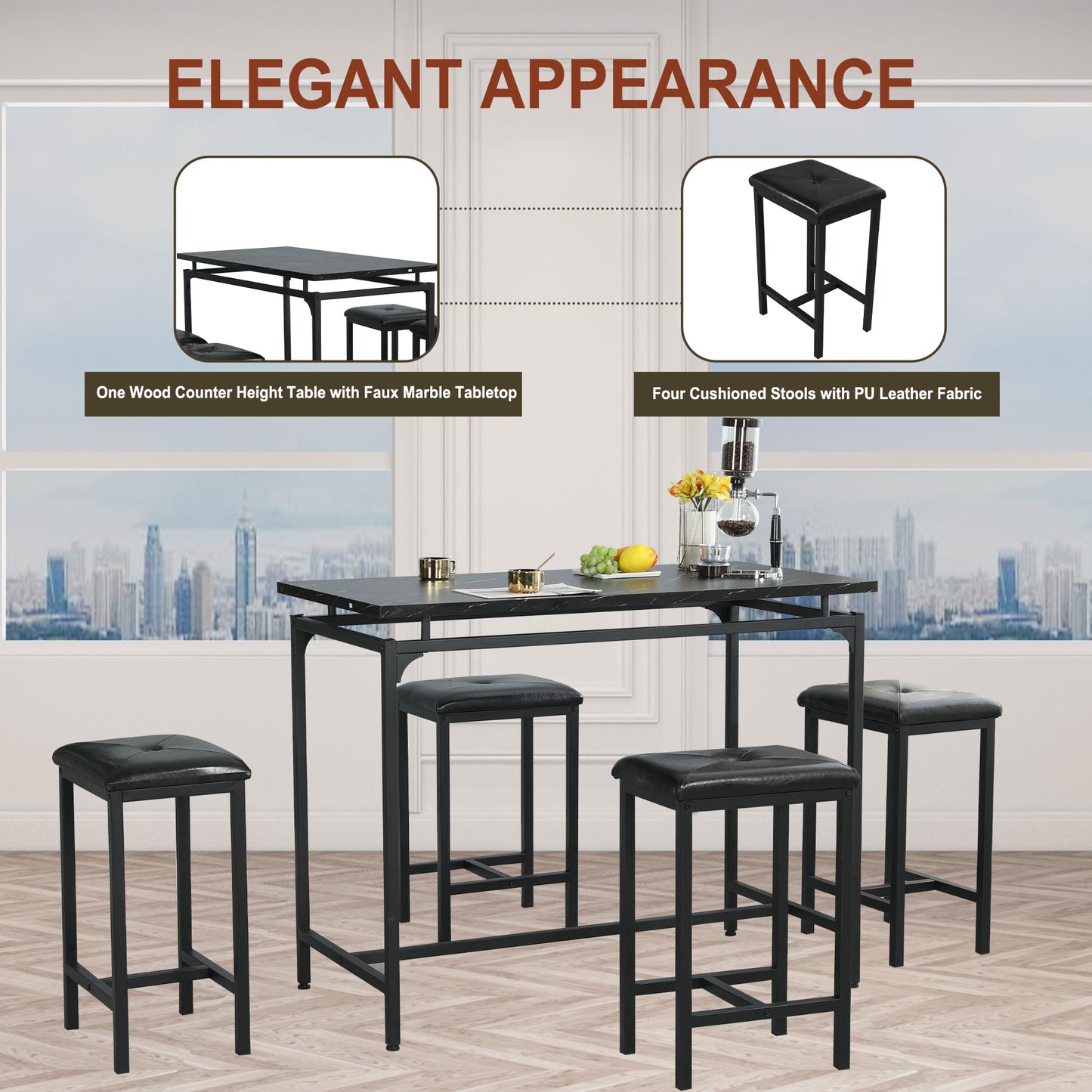 SYNGAR 5 Piece Dining Table Set, Modern Pub Table Set W/ 4 PU Leather Cushioned Stools, Counter Height Faux Marble Bar Table Set, 4-Person Dining Table & Stools Set, Kitchen Breakfast Table Set, Y008