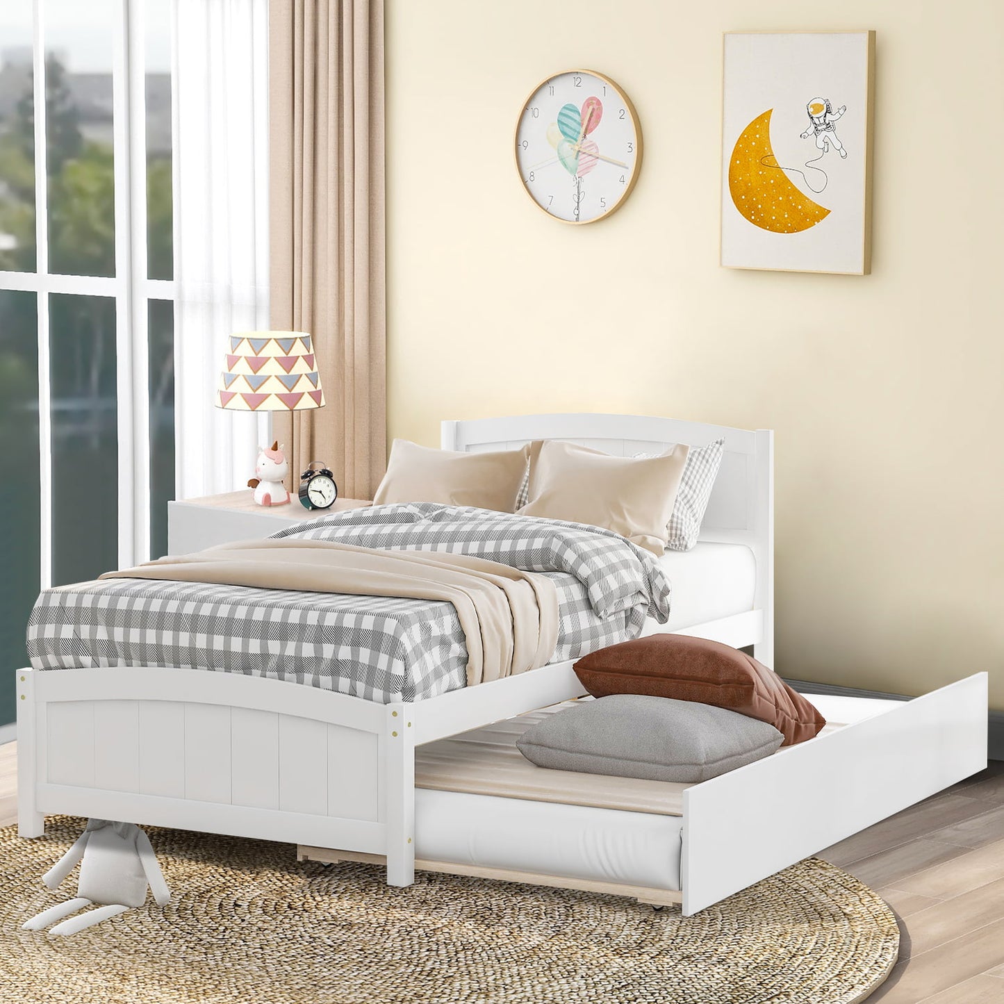 SYNGAR Twin Bed Frame with Trundle Included, Solid Pine Wood Platform Bed Frame for Kids Teens Adults, White, LJ723