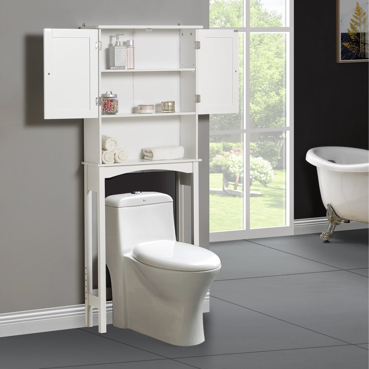 SYNGAR Tall Bathroom Storage Cabinet, Bathroom Furniture Over The Toilet, Freestanding Bathroom Cabinet with Open Shelves, Bathroom Hutch Over Toilet, Space Saving Toilet Shelf Organizer, K2507