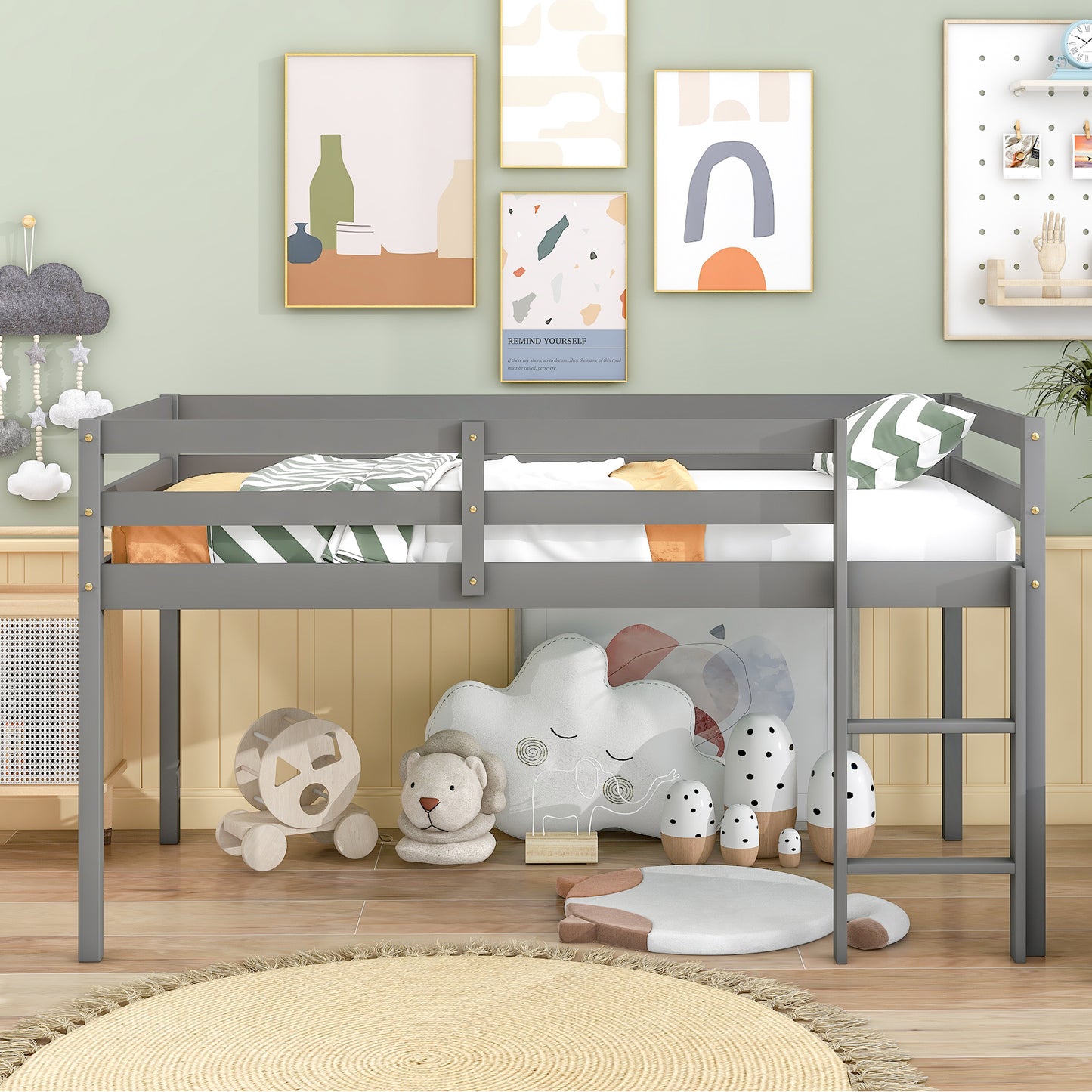 SYNGAR Twin Size Kids Loft Bed with Stairs, Wood Toddler Bunk Bed for Boys Girls Teens Adults, Twin Bed Frame with Storage, Low Profile Loft Bed for Kids Bedroom, Gray