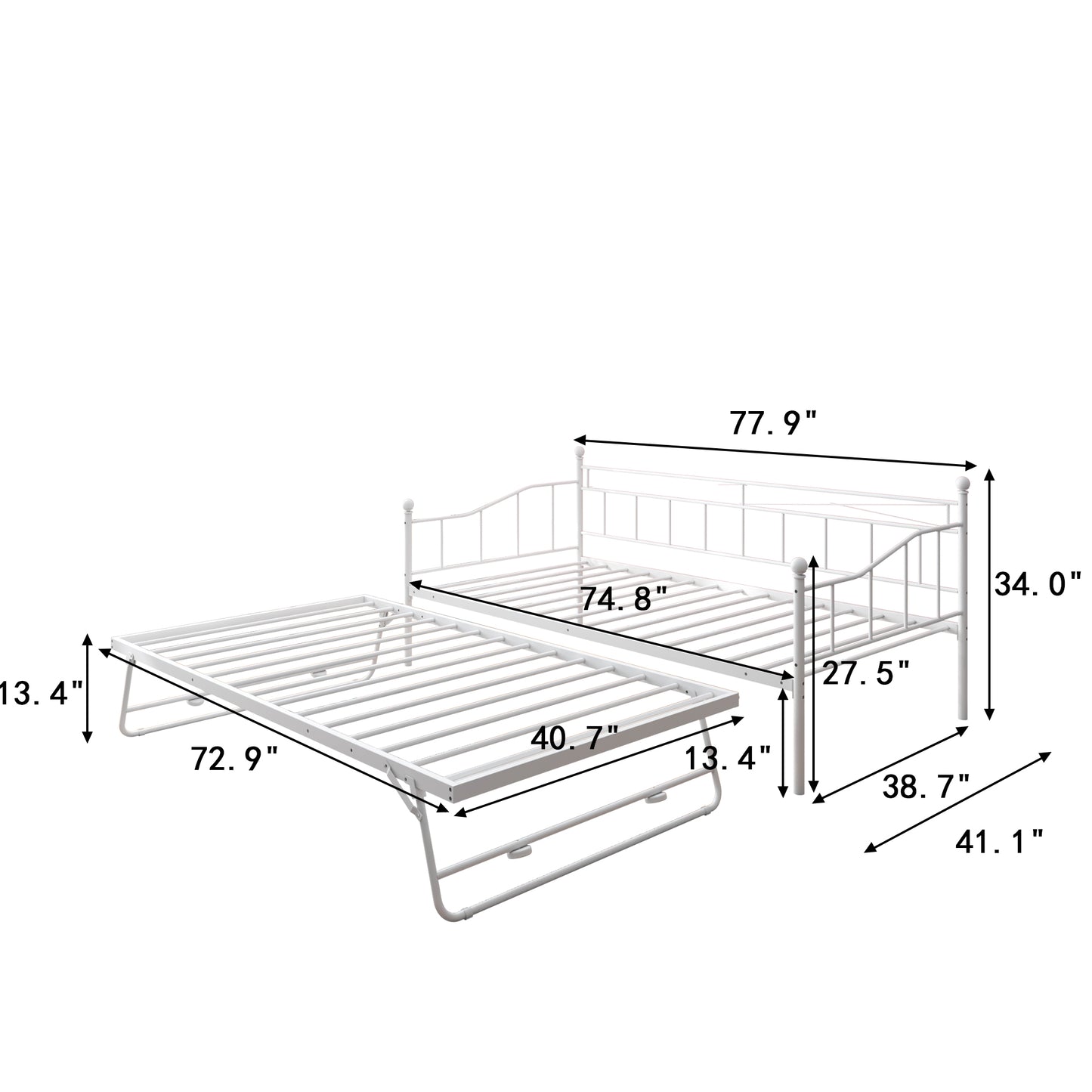 Twin Daybed with Pop Up Trundle, Metal Twin Size Daybed Frame, Space Saving Sofa Bed with Trundle Bed, Modern Home Platform Bed for Living Room/Bedroom, No Box Spring Needed, White, D6613