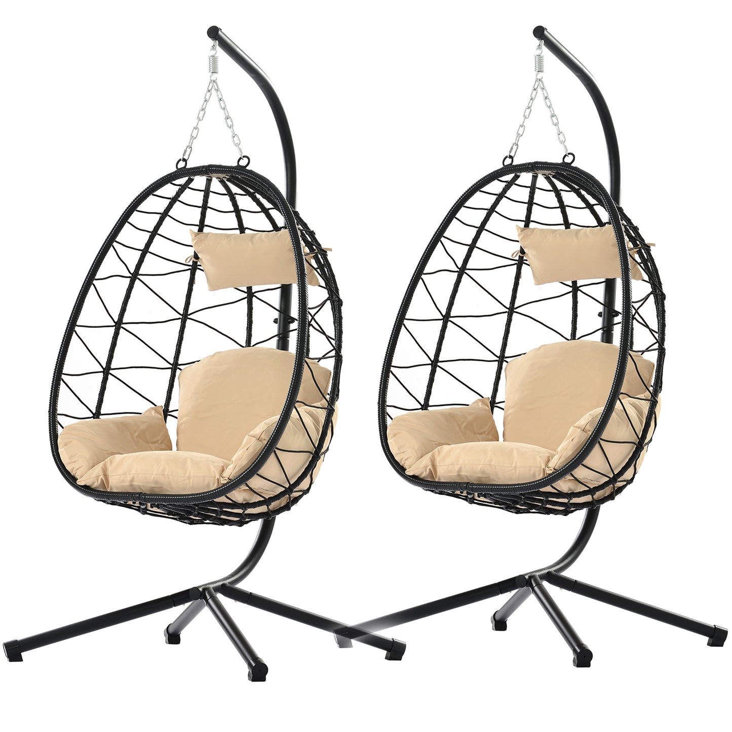 SYNGAR 2 Piece Indoor Outdoor Patio Wicker Hanging Chair, Swing Hammock Egg Chairs Waterproof Cushions with Steel Frame, 300lbs Capacity for Patio Balcony Bedroom Living Room, 2Pcs, Beige