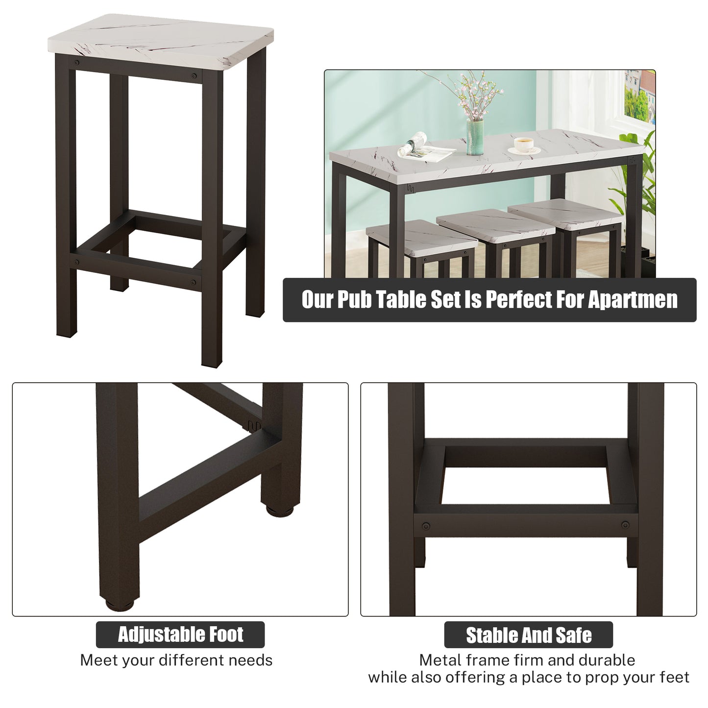 Counter Height Bar Table Set, Modern 4 Pieces Dining Table Set, Long Pub Table and 3 Stools, 3-Person Dining Table and Stools Set, Kitchen Side Table Set for Breakfast, White, Y002