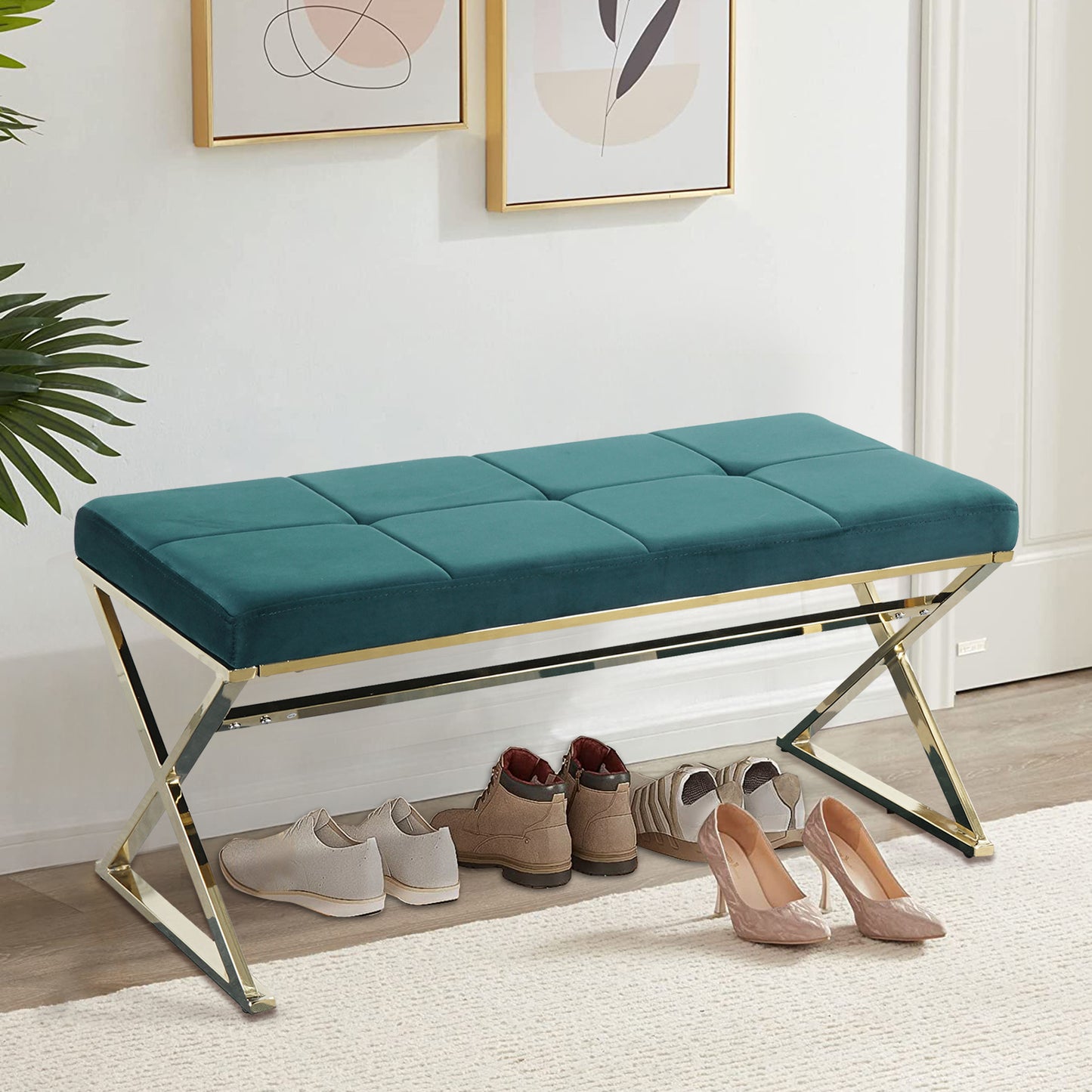 SYNGAR Upholstered Bedroom Bench, Modern Velvet Footstool Bench Seat for Living Room, Hallway, Entryway, Ottoman Bench with Gold Metal Legs, Blue