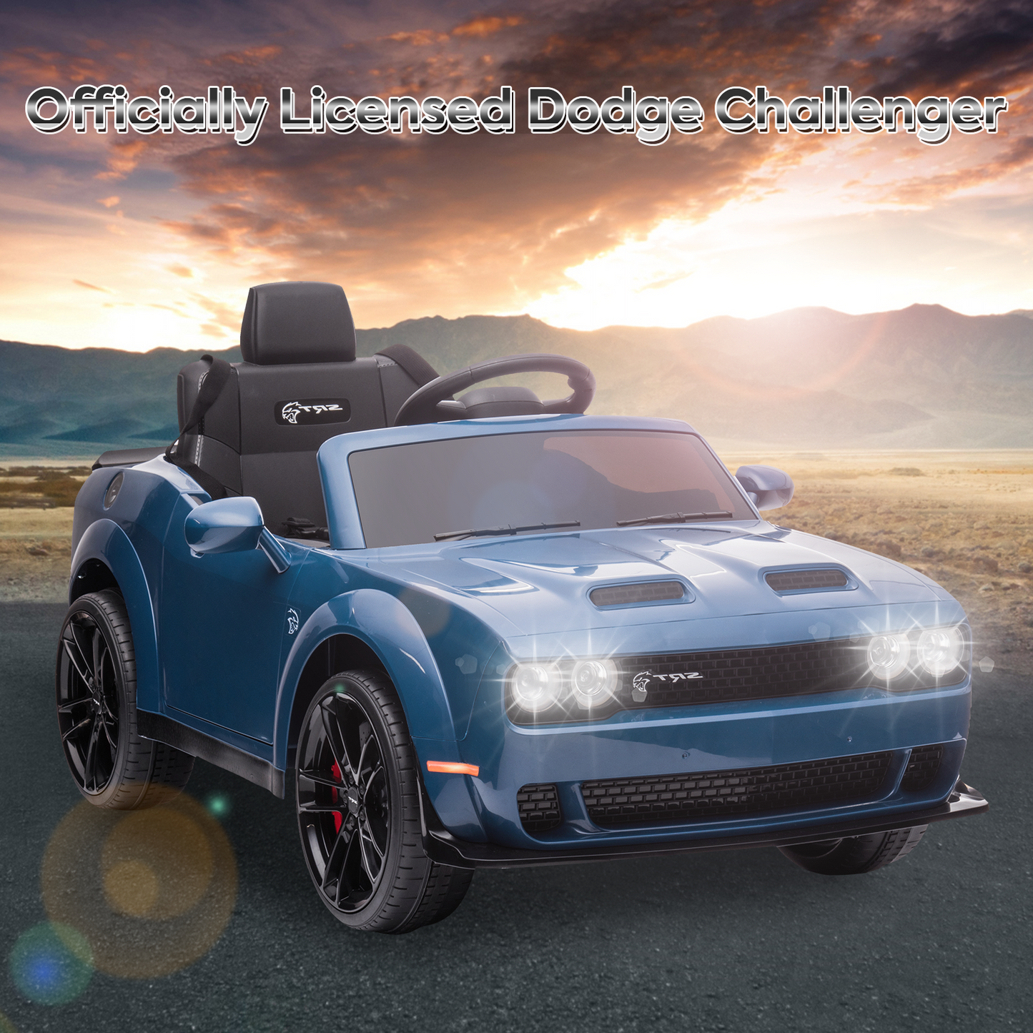 Power Dodge Challenger SRT Ride on Toy, 12 Volt Battery Powered Electric Car with Remote Control, Horn, LED Lights, USB Port for Boys Girls Birthday Gift, Blue