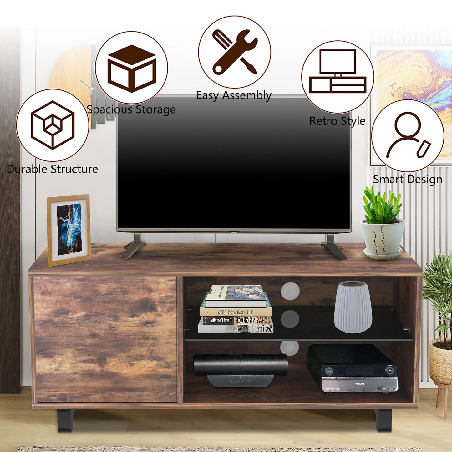 SYNGAR Rustic Brown Farmhouse TV Stand with Mount for 32-65 inch TVs, 2 in 1 TV Mount Stand Table Storage Cabinet Entertainment Center, Swivel Floor TV Stand Mount for Living Room Bedroom Office