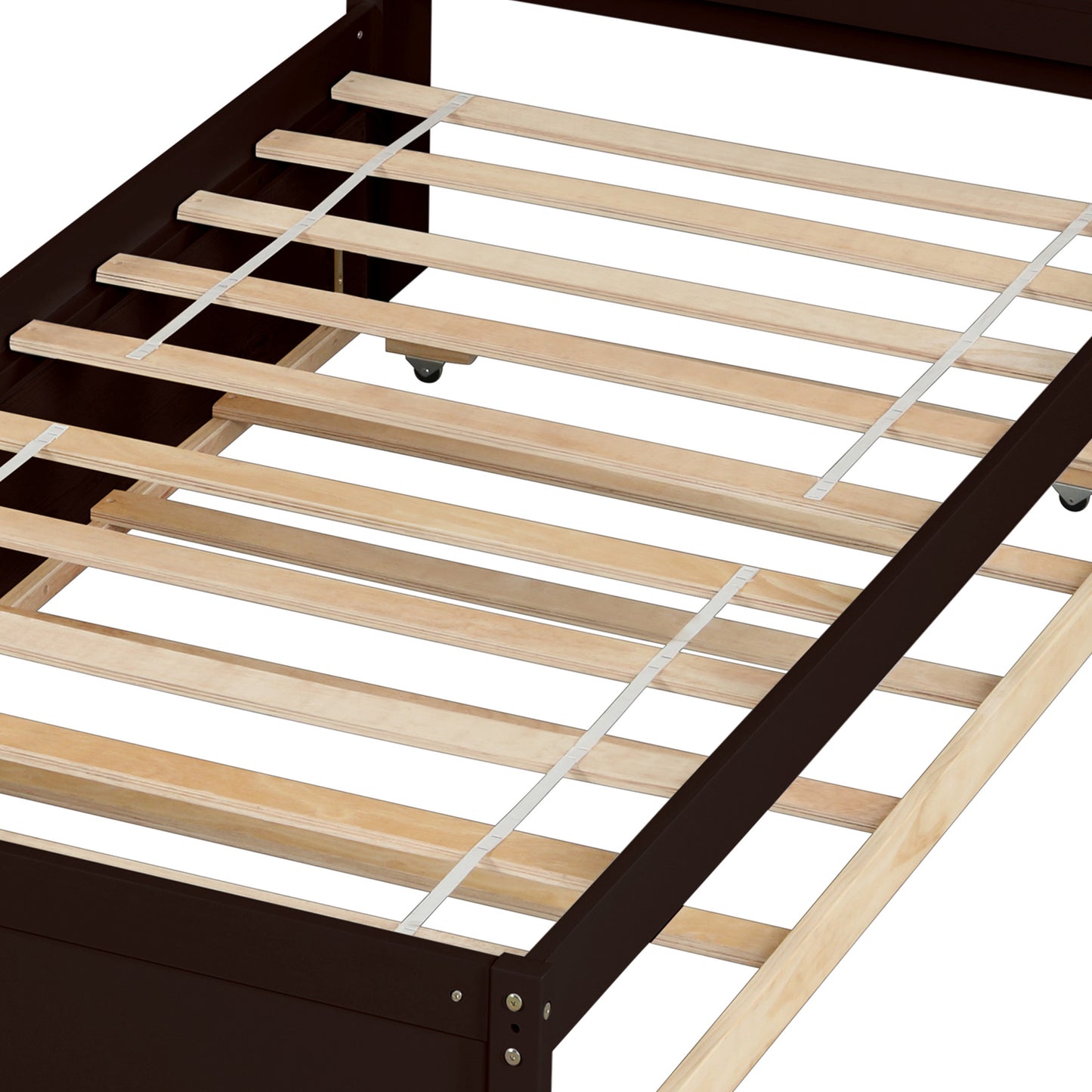 Twin Bed Frame with Trundle Included, Solid Pine Wood Platform Bed Frame with Storage Headboard for Kids Teens Adults, Espresso