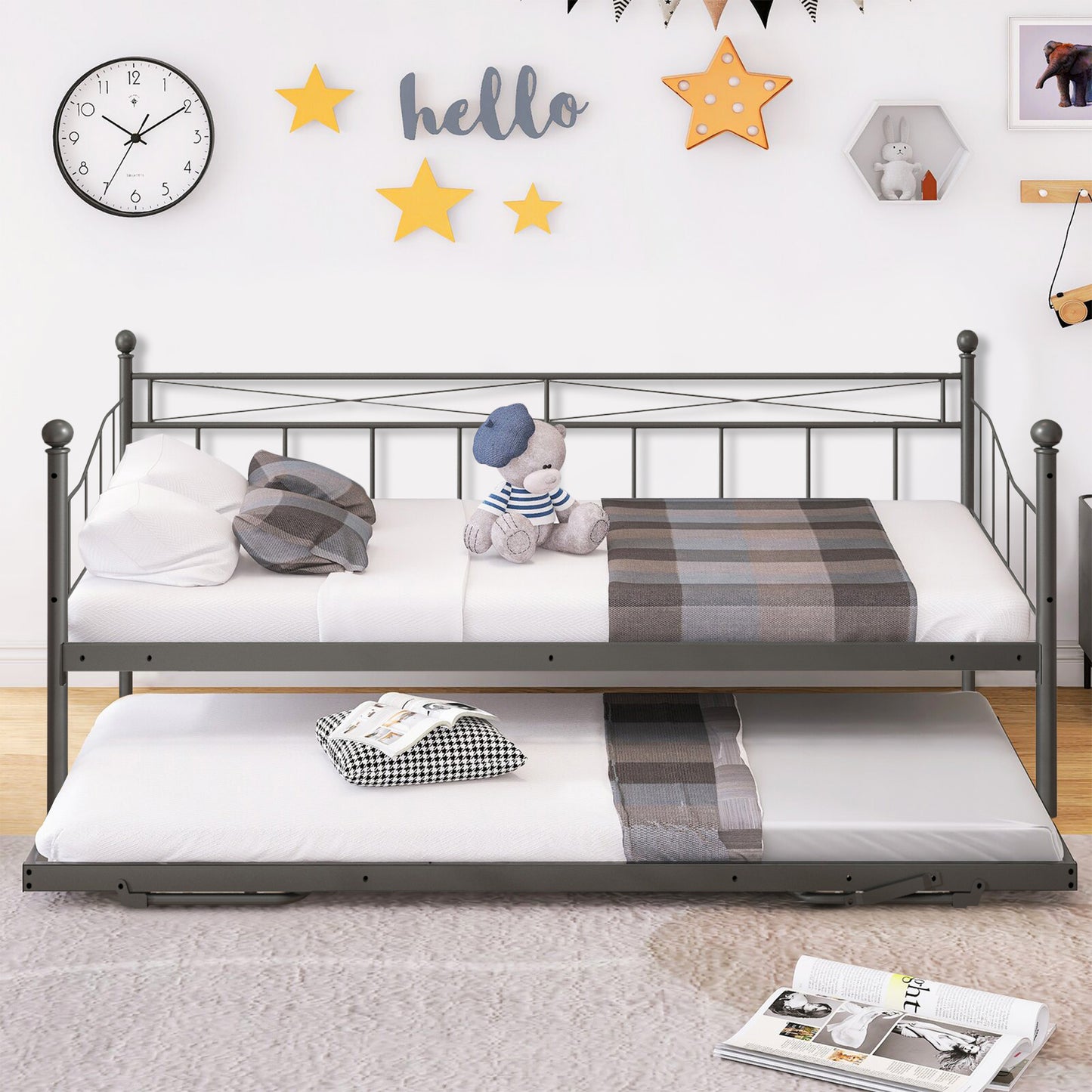SYNGAR Twin Daybed with Pop Up Trundle, Metal Twin Size Daybed Frame, Space Saving Sofa Bed with Trundle Bed, Modern Home Platform Bed for Living Room/Bedroom, No Box Spring Needed, Black, D6608