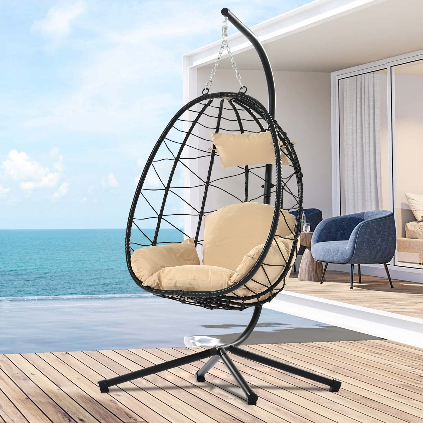 SYNGAR Hanging Egg Chair with Stand for Indoor/Outdoor, Patio Wicker Swing Chair with Seat Cushion & Pillow, Heavy Duty Hammock Basket Chair for Bedroom, Porch, Balcony, 300 lbs Capacity, Y025