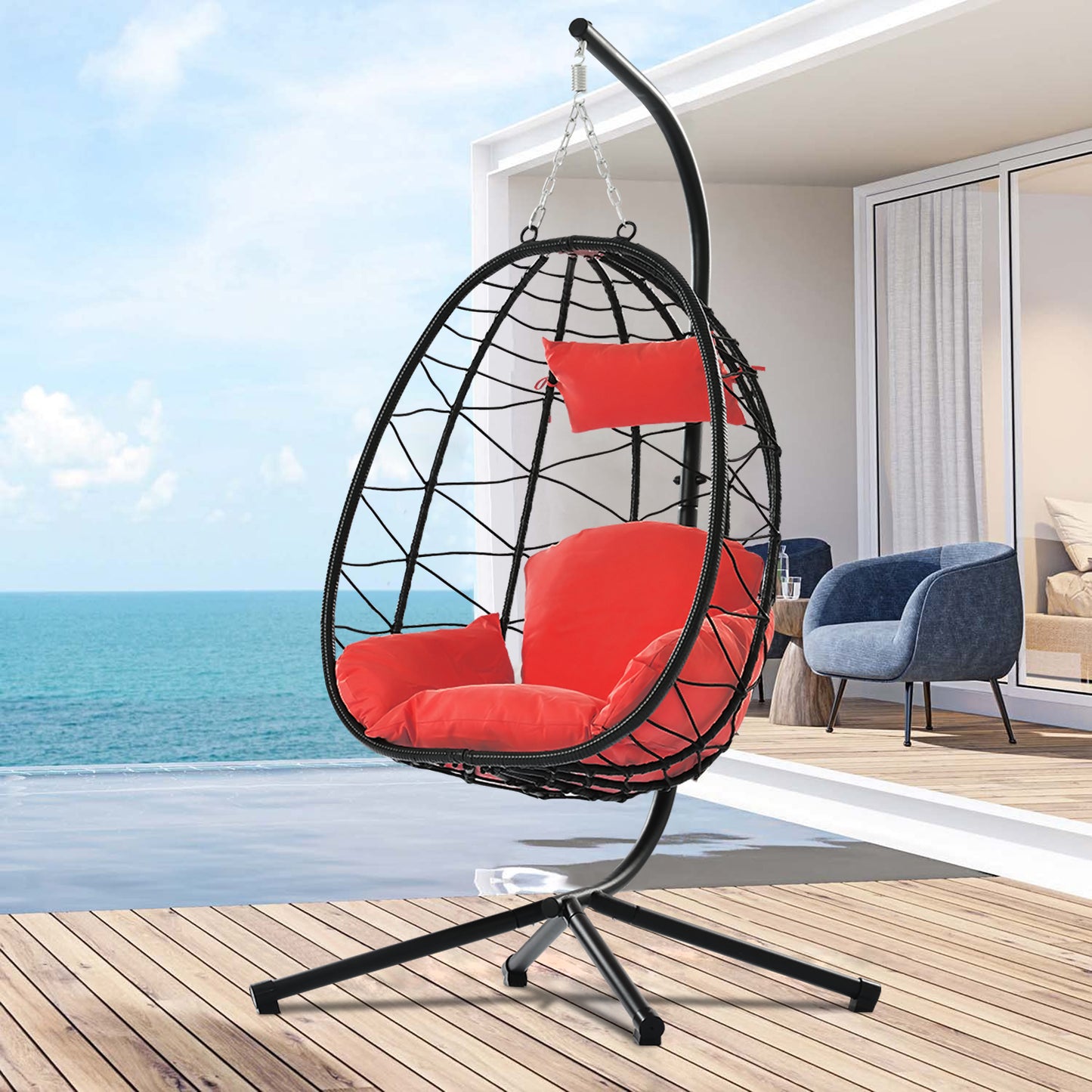 SYNGAR Egg Chair with Stand, Wicker Swing Chair, Patio Hammock Chair with Soft Cushion, Indoor Outdoor Balcony Bedroom Basket Hanging Lounge Chair, Heavy Duty Frame for 300 lbs Capacity, Red, Y024