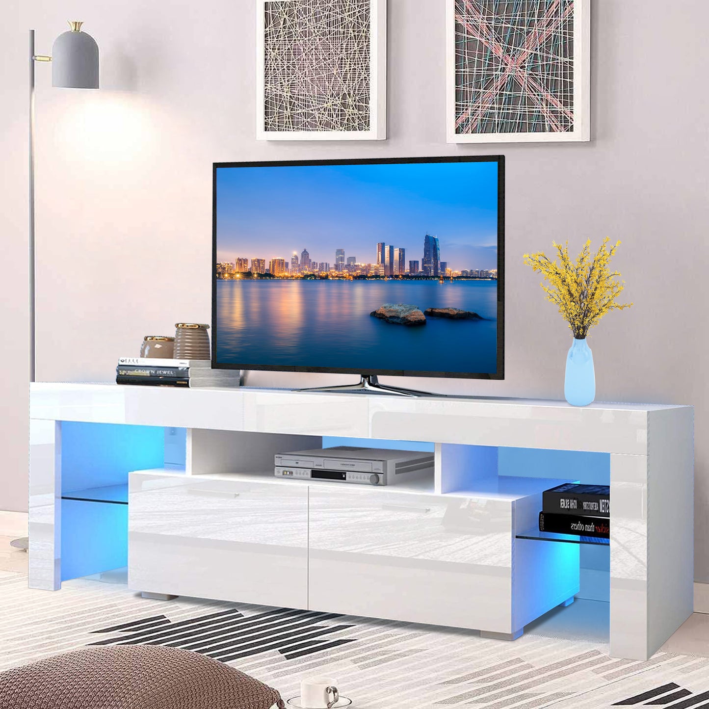 White TV Stand for 70 inch TV, Modern High Glossy Television Table Stands TV Cabinet Console Table with 16 Colors LED Lights, TV Buffet Cabinet with Storage, Living Room Entertainment Center