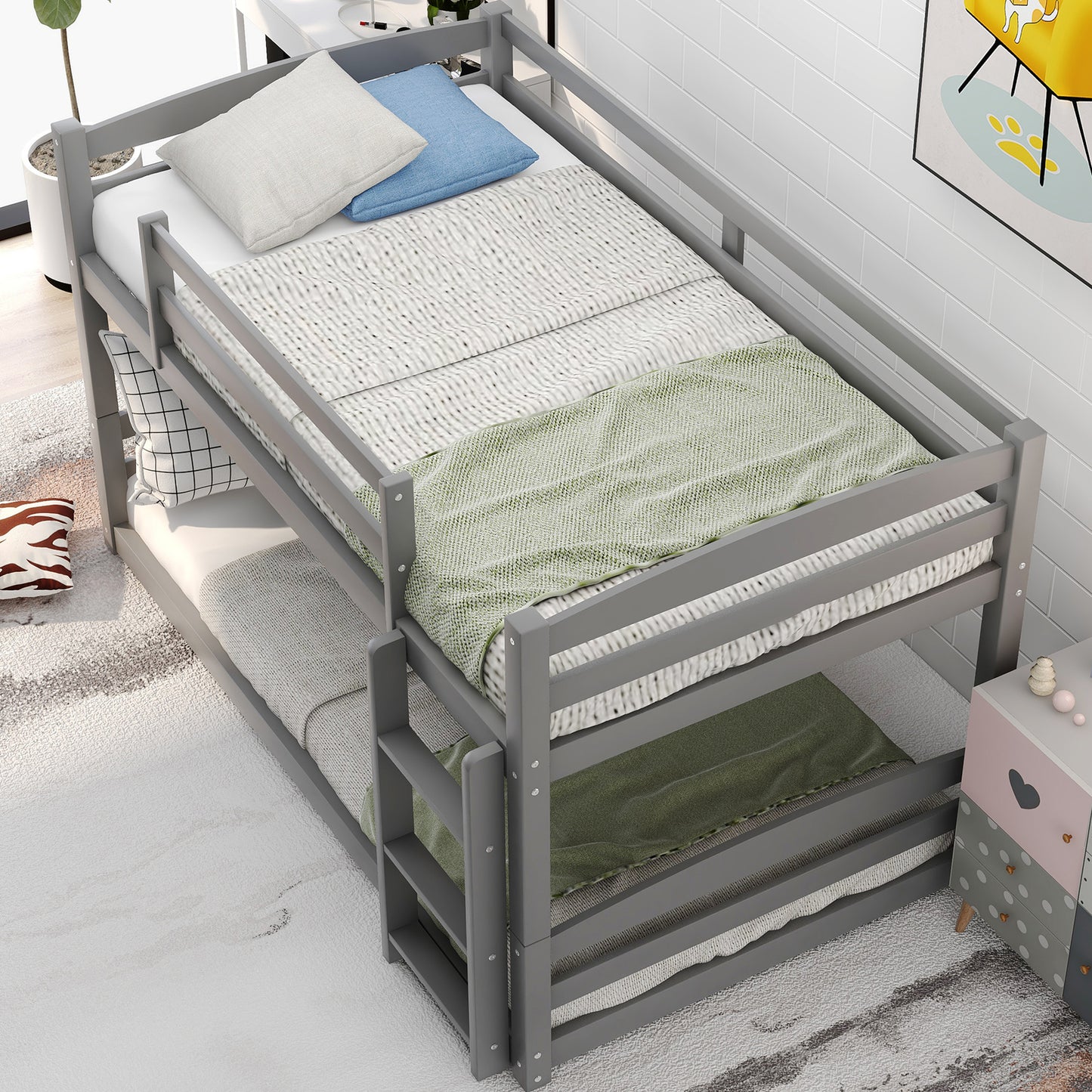 SYNGAR Twin over Twin Bunk Bed, Solid Wood Bunk Bed Frame with Ladder and Safety Guardrails, Bedroom Convertible Bunk Bed Furniture for Kids Teens Adults, No Box Spring Needed, C25