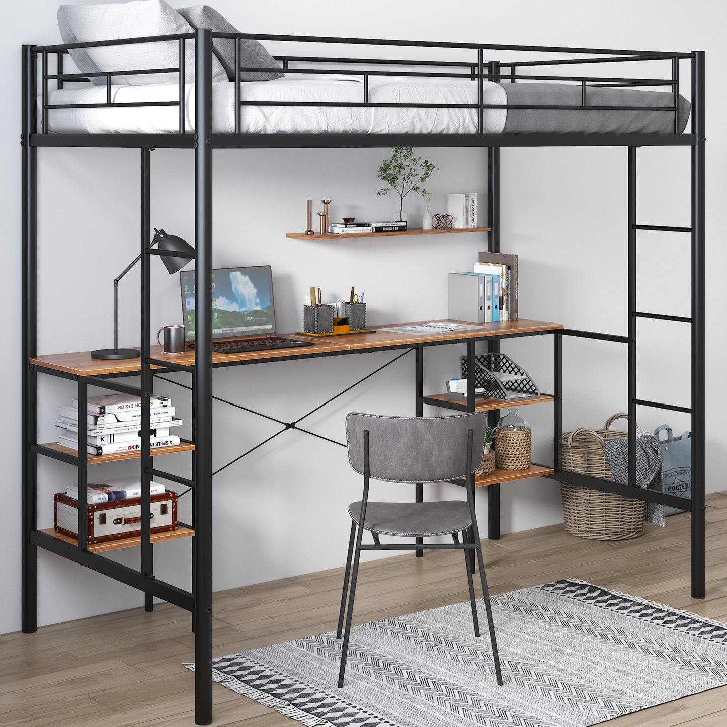 SYNGAR Twin Loft Bed with Desk, Metal Loft Bed with 4 Storage Shelves, Space-Saving Bed Frame with Bilateral Ladders and Safety Guard Rails for Boys Girls Kids Teens Adults, Black