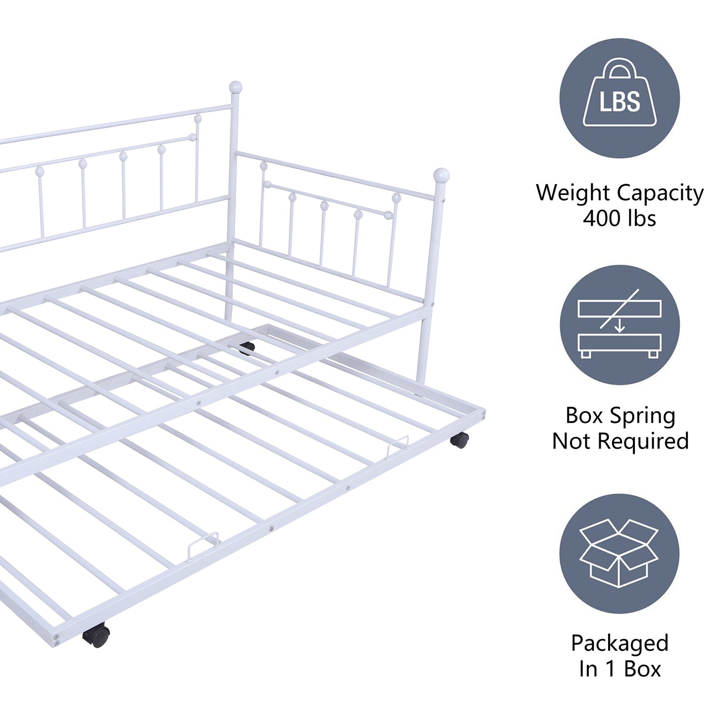 SYNGAR Daybed with Trundle, Twin Size Metal Daybed with Pop Up Trundle, Sofa Bed Day Beds Frame, Bedroom Living Room Furniture for Kids Boys Girls Adults Guest, White