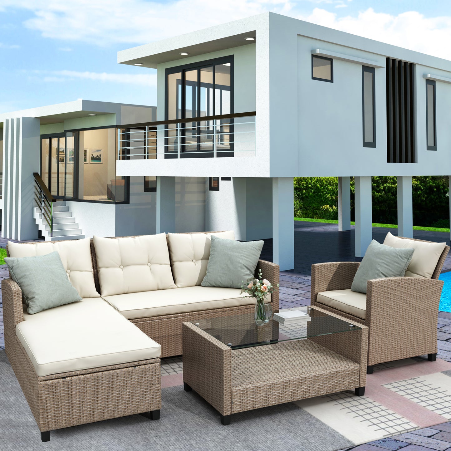 SYNGAR 4 Pieces Patio Furniture Sectional Set, Outdoor All-Weather Manual Weaving Wicker Conversation Set with Cushion & Table, Rattan Sectional Sofa Set, Yard Porch Deck Use Furniture Set, B630