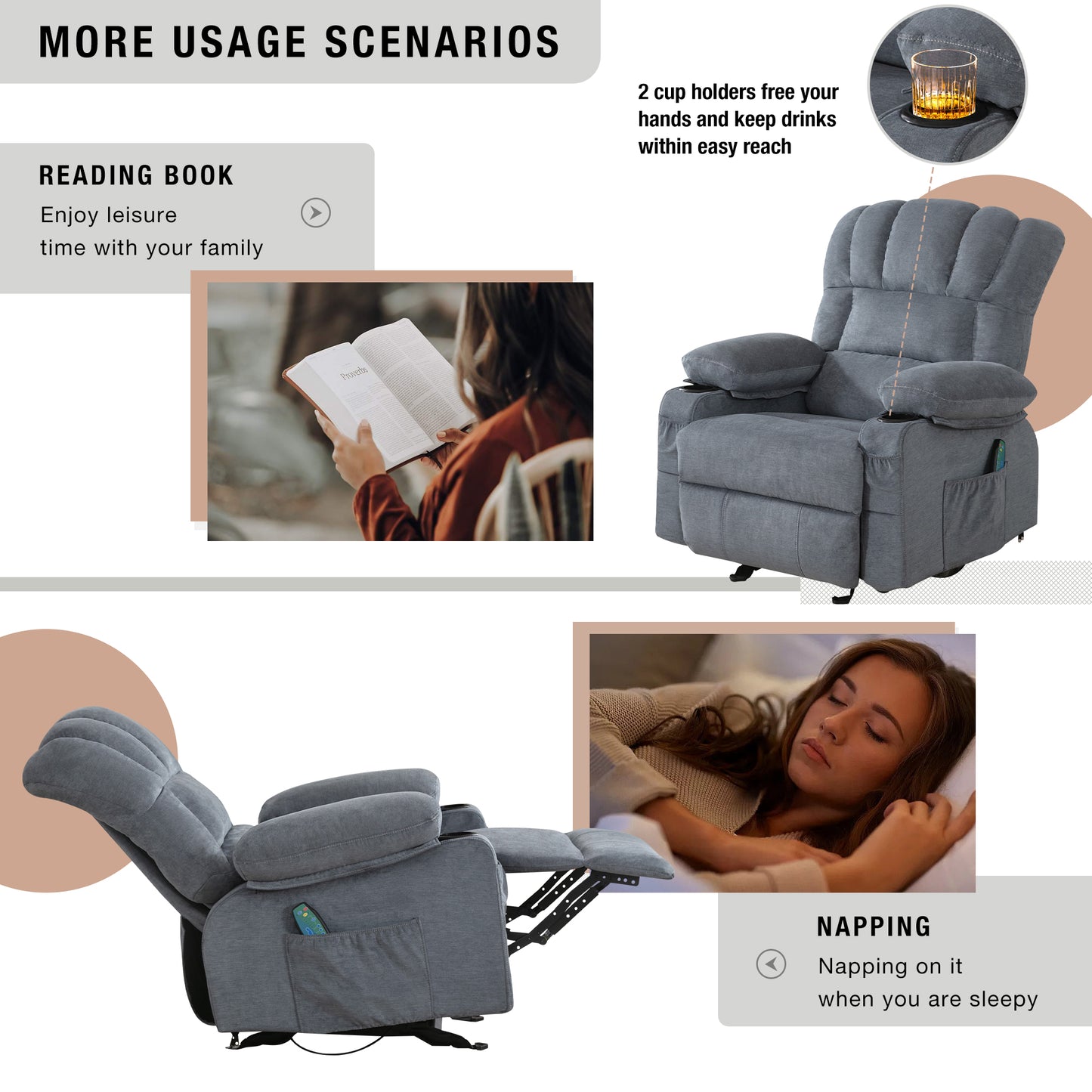 SYNGAR Manual Recliner Chair with Heat Therapy and Massage Function, Heavy Duty Reclining Mechanism Massage Chair, Elderly Single Rocker Sofa with Cup Holders for Bedroom Home Theater, Brown