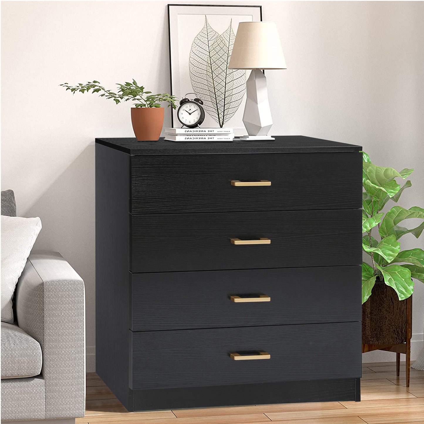 SYNGAR Black 4 Drawer Dresser, Chest of Drawers for Bedroom, Modern Storage Cabinet Dresser Organizer Unit with Handle for Living Room, Closet, Hallway, Nursery