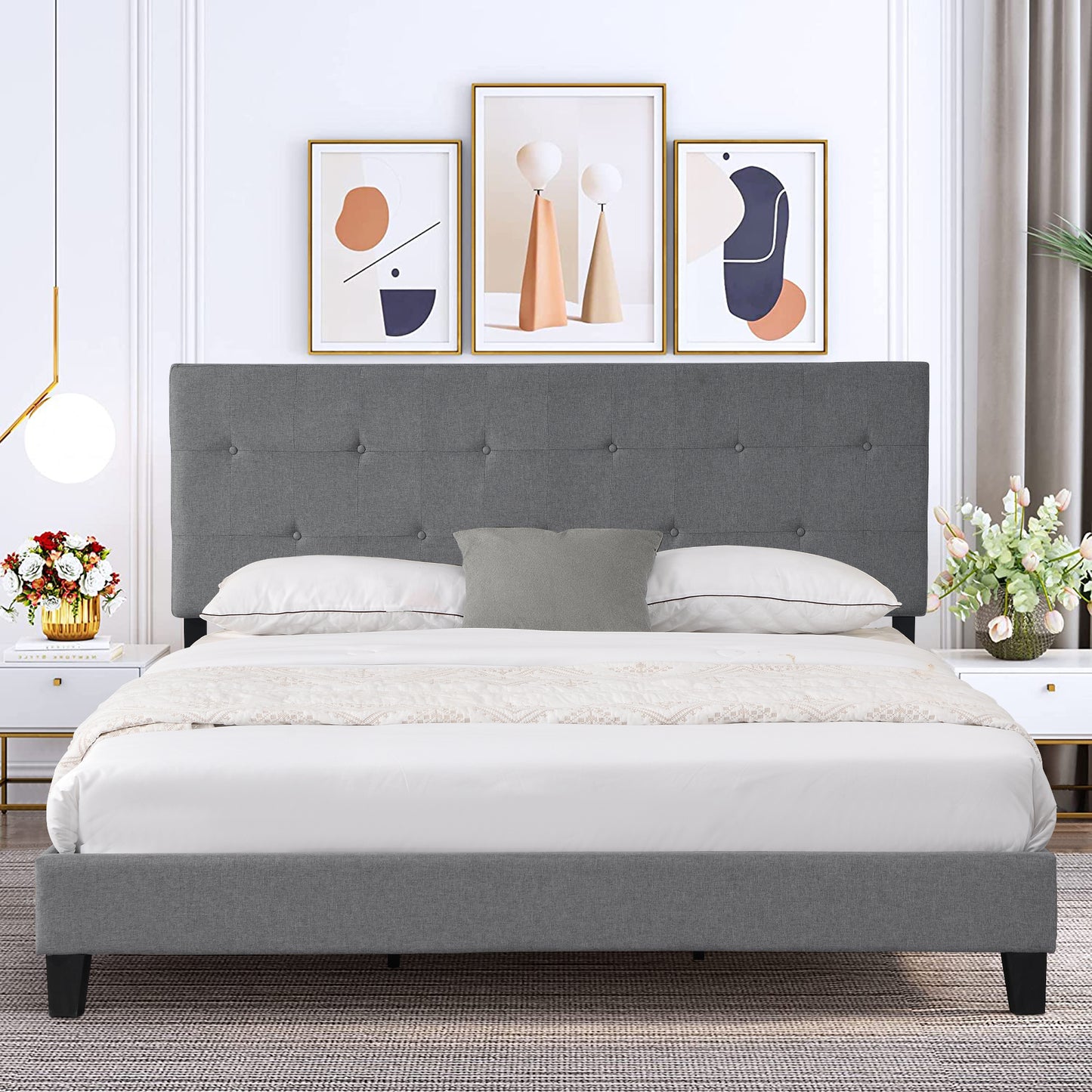 SYNGAR Full Bed Frame, New Upgrade Full Size Velvet Upholstered Platform Bed Frame with Elegant Headboard, Bedroom Furniture Wooden Frame Platform Bed Frame, No Box Spring Needed, Gray