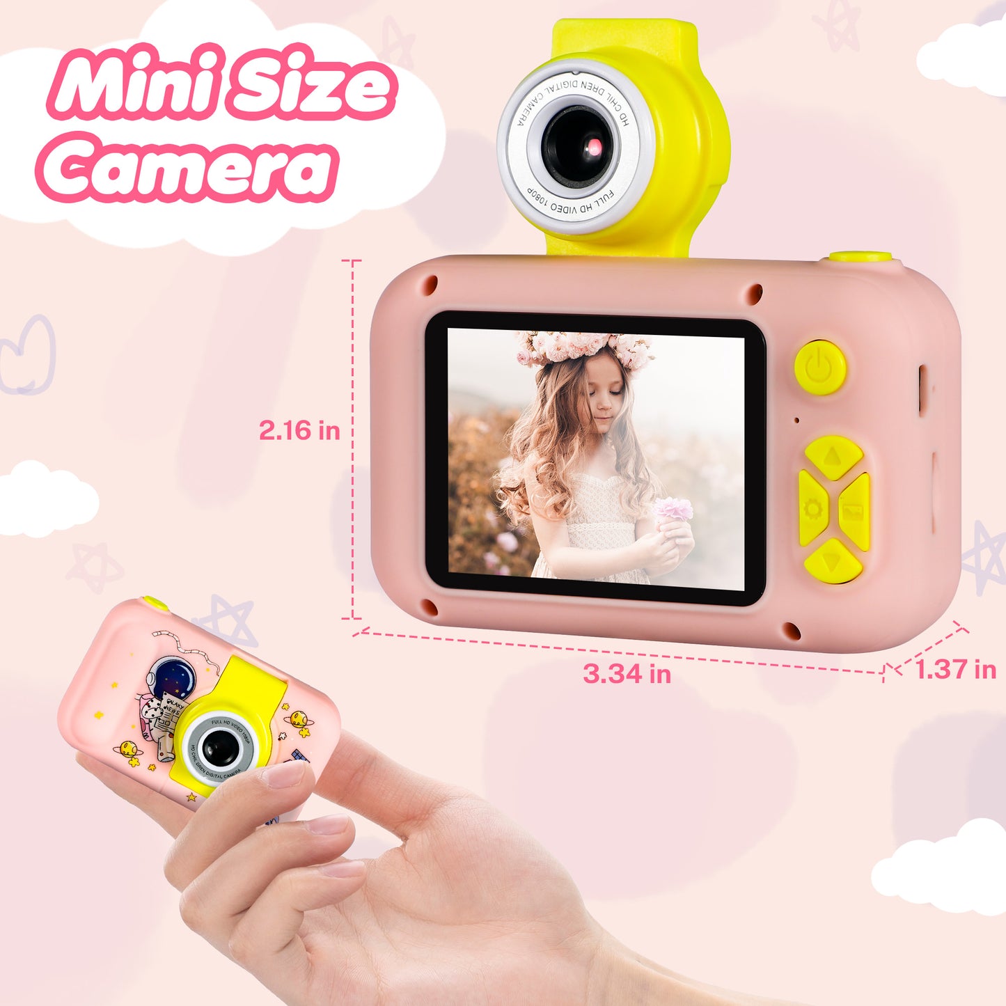 Reversible Kids Camera, 1080P Upgrade Selfie Camera with 32 GB Card, Kids Digital Camera for Girls Boys 3-8 Year Old, Perfect Christmas Birthday Festival Toys Gifts for Toddlers, Pink Astronaut