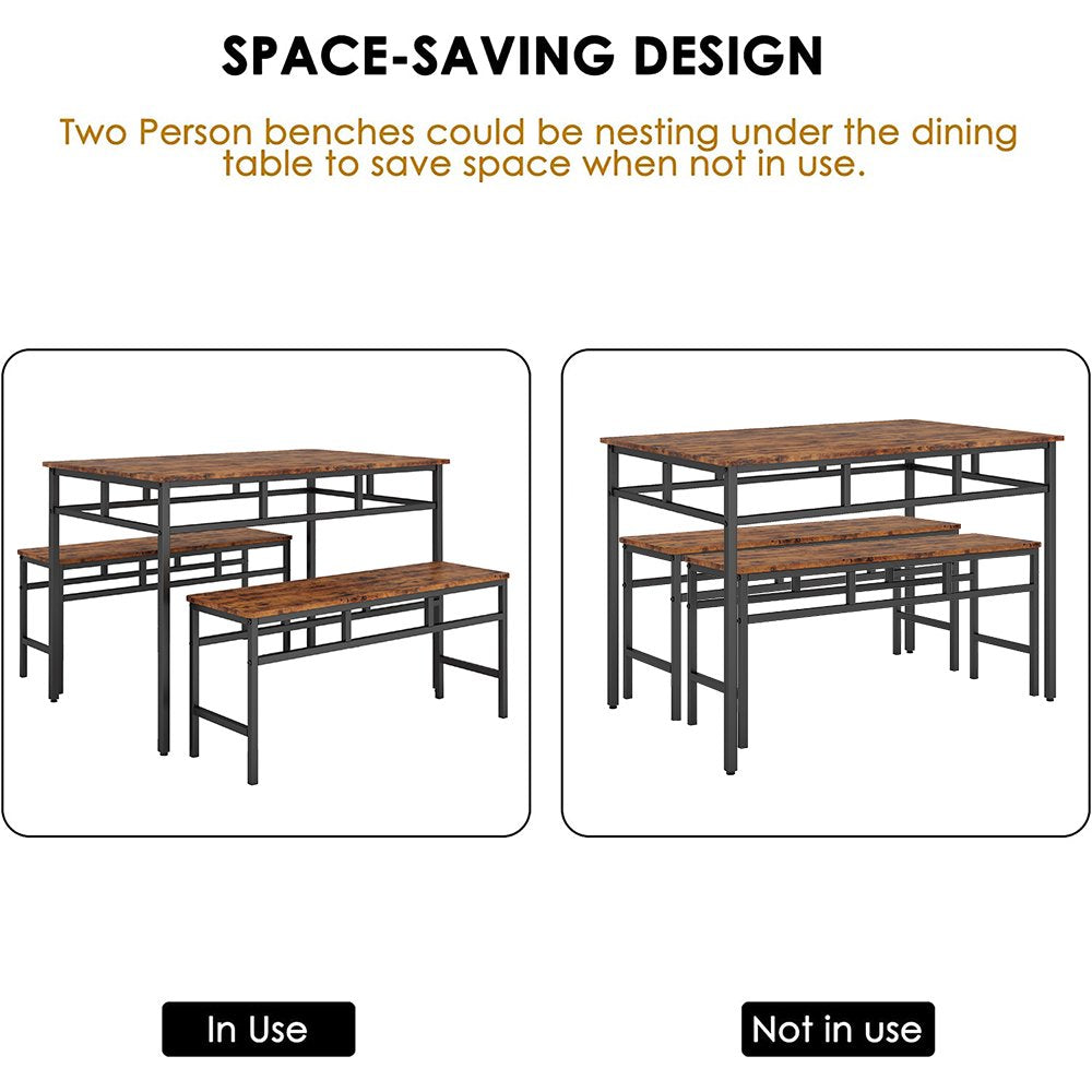 Dining Table with 2 Bench, Space Saving Dining Table Set, Modern Soho Dining Set with Metal Frame, Farmhouse Style Dining Room Furniture Set for 6 Persons, Easy Assembly for Kitchen Coffee Shop, B1187