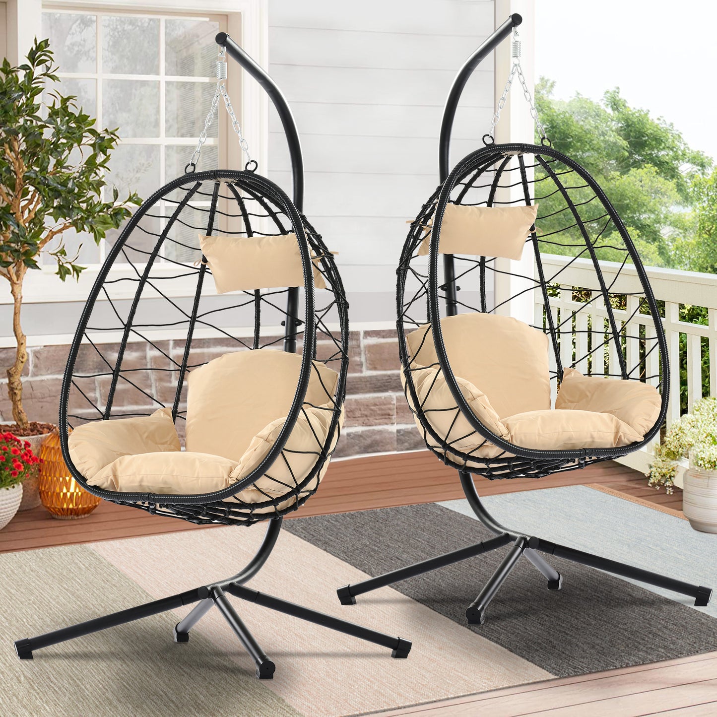SYNGAR 2 Piece Indoor Outdoor Patio Wicker Hanging Chair, Swing Hammock Egg Chairs Waterproof Cushions with Steel Frame, 300lbs Capacity for Patio Balcony Bedroom Living Room, 2Pcs, Beige