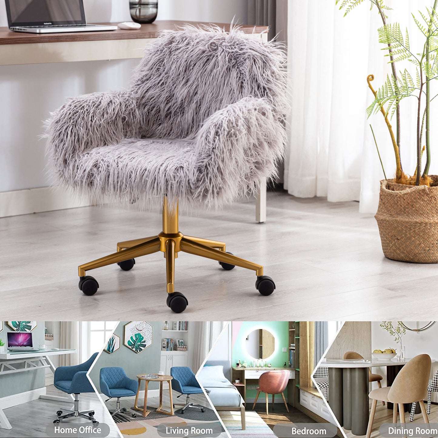 Office Chair, Fluffy Upholstered Desk Chair with Adjustable Height, 360 Degree Swivel and Metal Frame, Faux Fur Plush Seat and Back, Modern Office Computer Chair for Home Office, White, C20