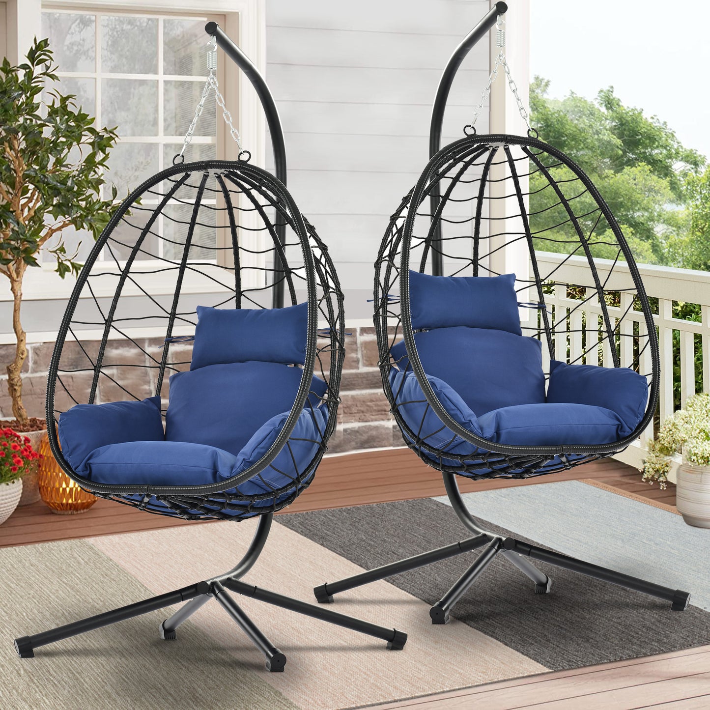 SYNGAR 2 Piece Indoor Outdoor Patio Wicker Hanging Chairs, Swing Hammock Egg Chairs Waterproof Cushions with Steel Frame, 300lbs Capacity for Patio Balcony Bedroom Living Room, Navy Blue