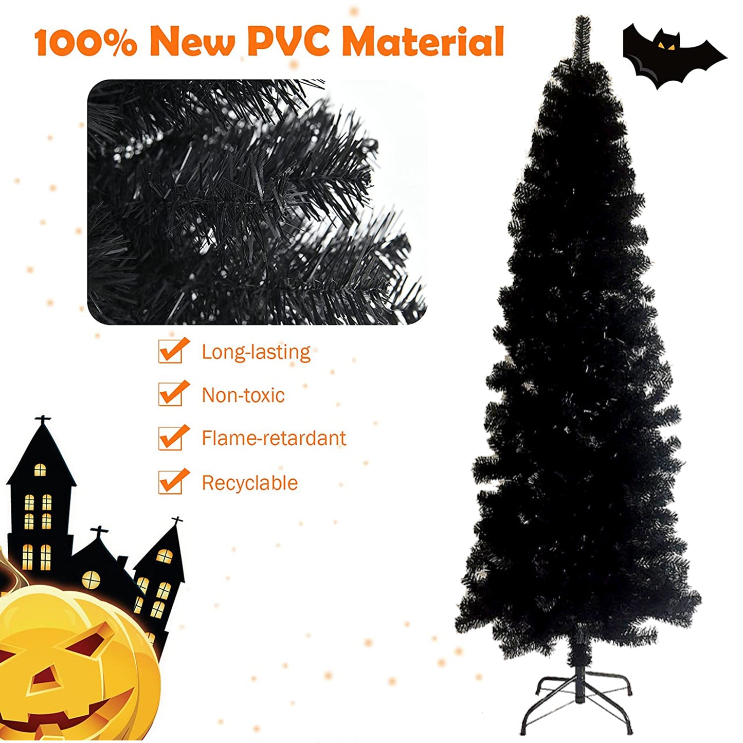 SYNGAR 7.5FT Pencil Christmas Tree, Slim Artificial Xmas Tree with 840 Branch Tips, Christmas Decor, Black