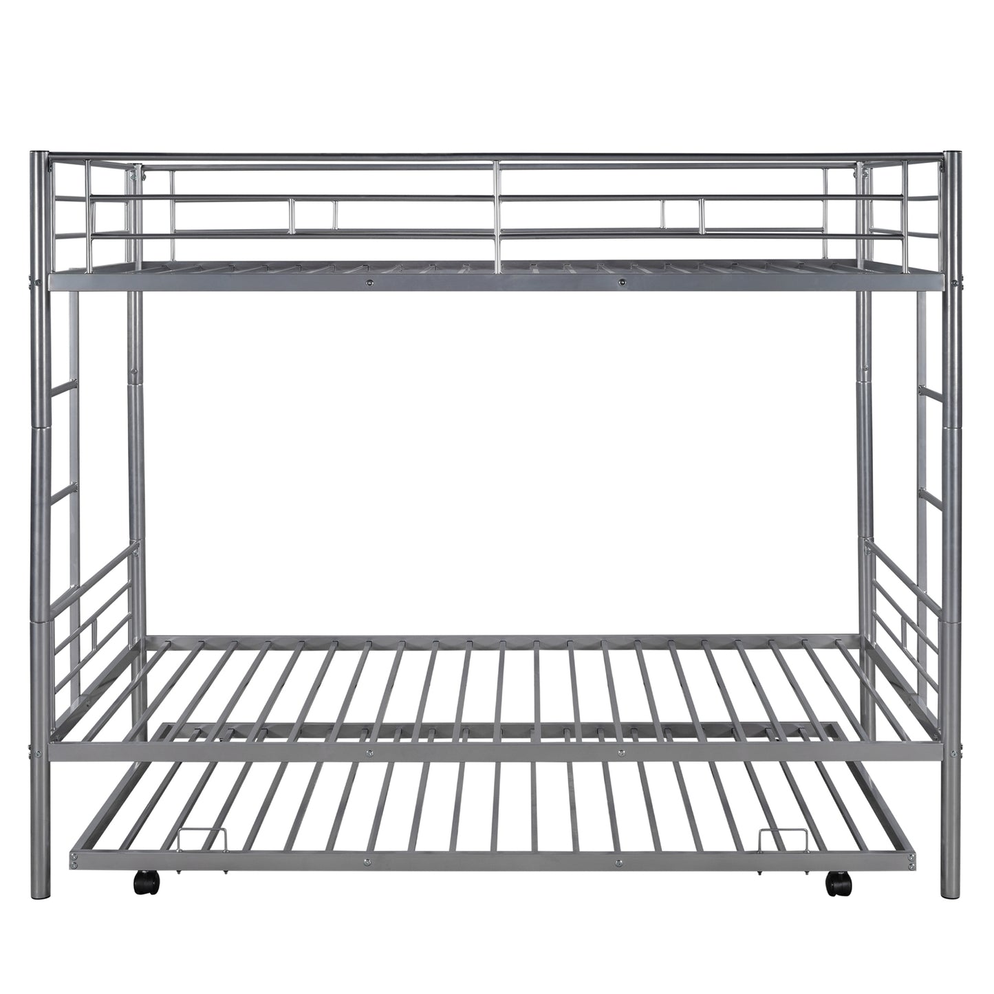 Twin over Twin Bunk Bed Frame with Trundle, SYNGAR Upgraded Bunk Beds with Ladder & Guardrail, Heavy Duty Kids Bedroom Furniture Bunk Bed for Boys and Girls, Space Saver Guest Room Bunk, Silver, C24
