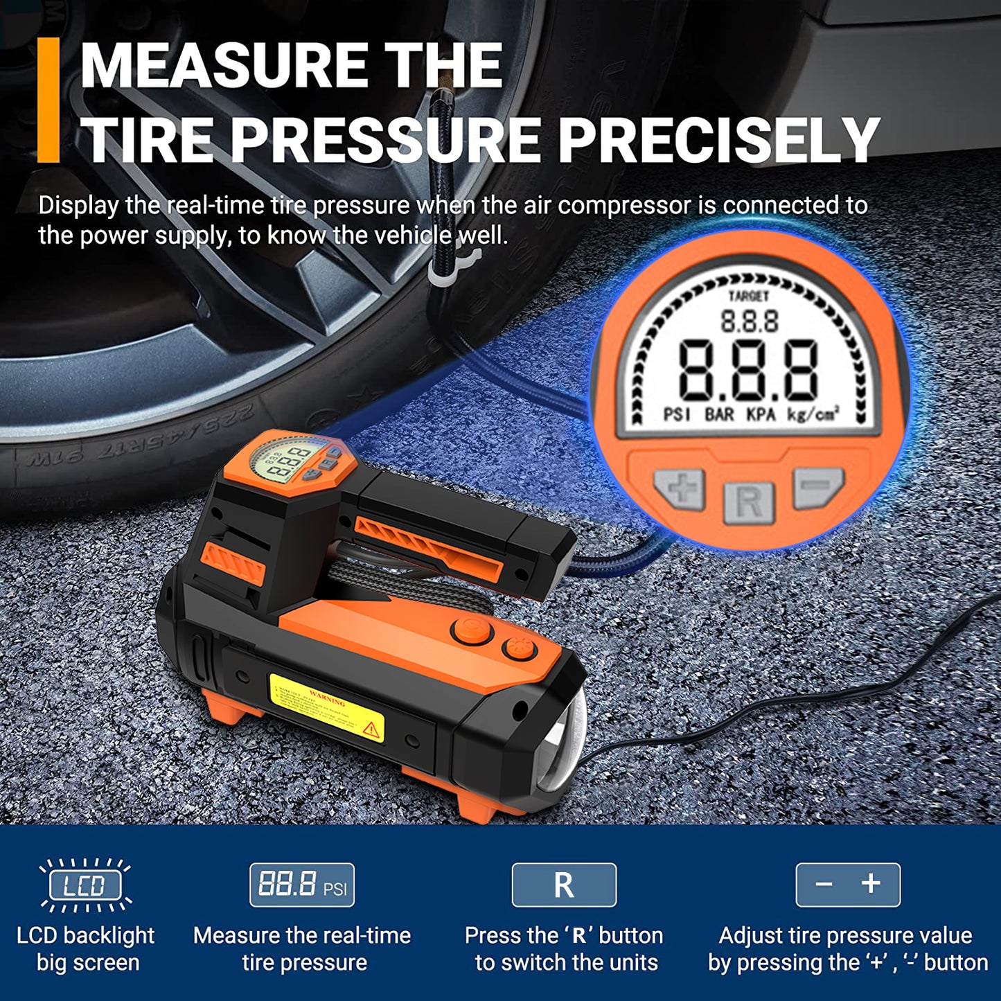 Portable Tire Inflator 12V, Portable DC Air Compressor for Car Tires, Mini Car Air Compressors Tool with LED Light, Digital Air Pump for Car Tires, Bicycles and Other Inflatables, Orange