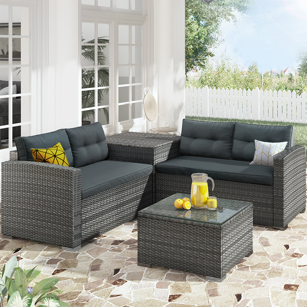 SYNGAR 4 Piece Wicker Patio Furniture Sets, Outdoor Sofa Set with Loveseat Sofa, Table and Storage Box, All Weather Rattan Sofa and Cushioned Seats for Garden, Lawn, Backyard, Front Porch, Gray