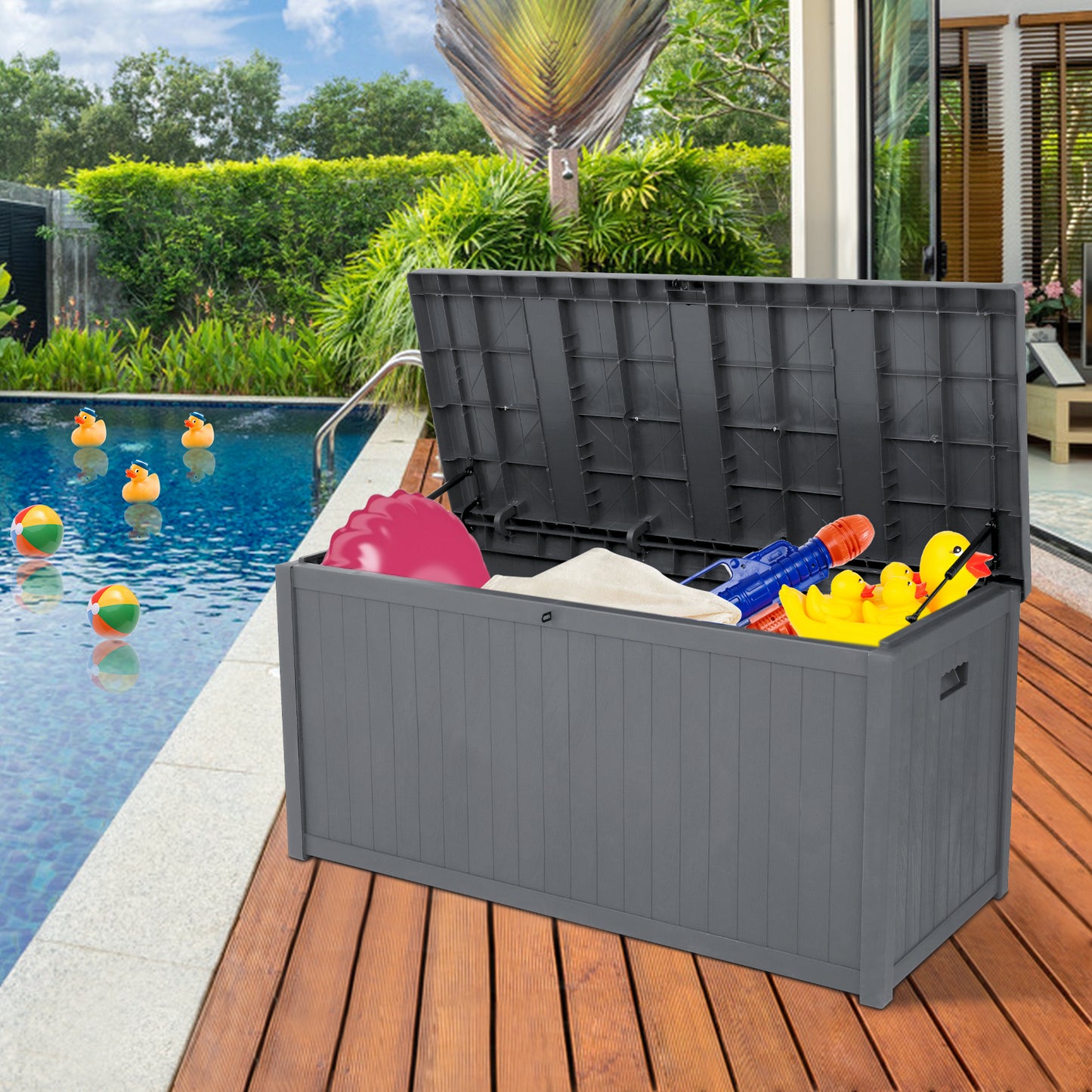 SYNGAR 113 Gallon Resin Deck Box, Patio Large Storage Cabinet, Outdoor Waterproof Storage Chest, Storage Container with Lid, for Outside Furniture Cushions, Garden Tools, Kids' Toys, Black, Y027