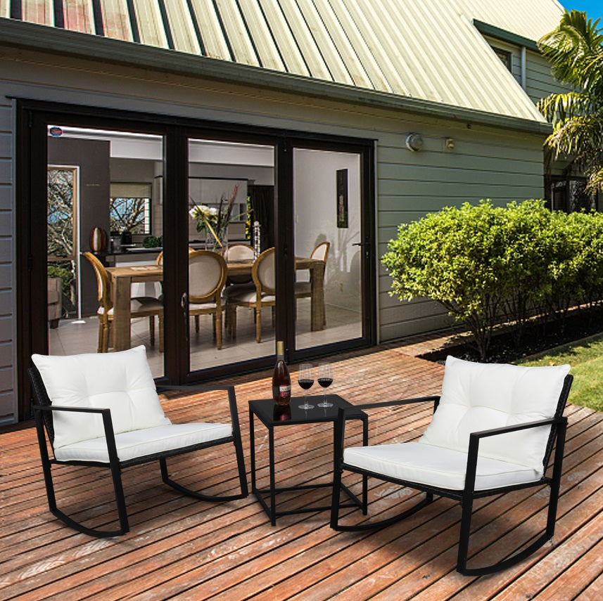 SYNGAR Patio Conversation Set of 3, Metal Outdoor Furniture with 2 Chairs, Patio Metal Coffee Table, and Cushions, Dining Set Seating for Outdoor Garden Backyard Lawn, White
