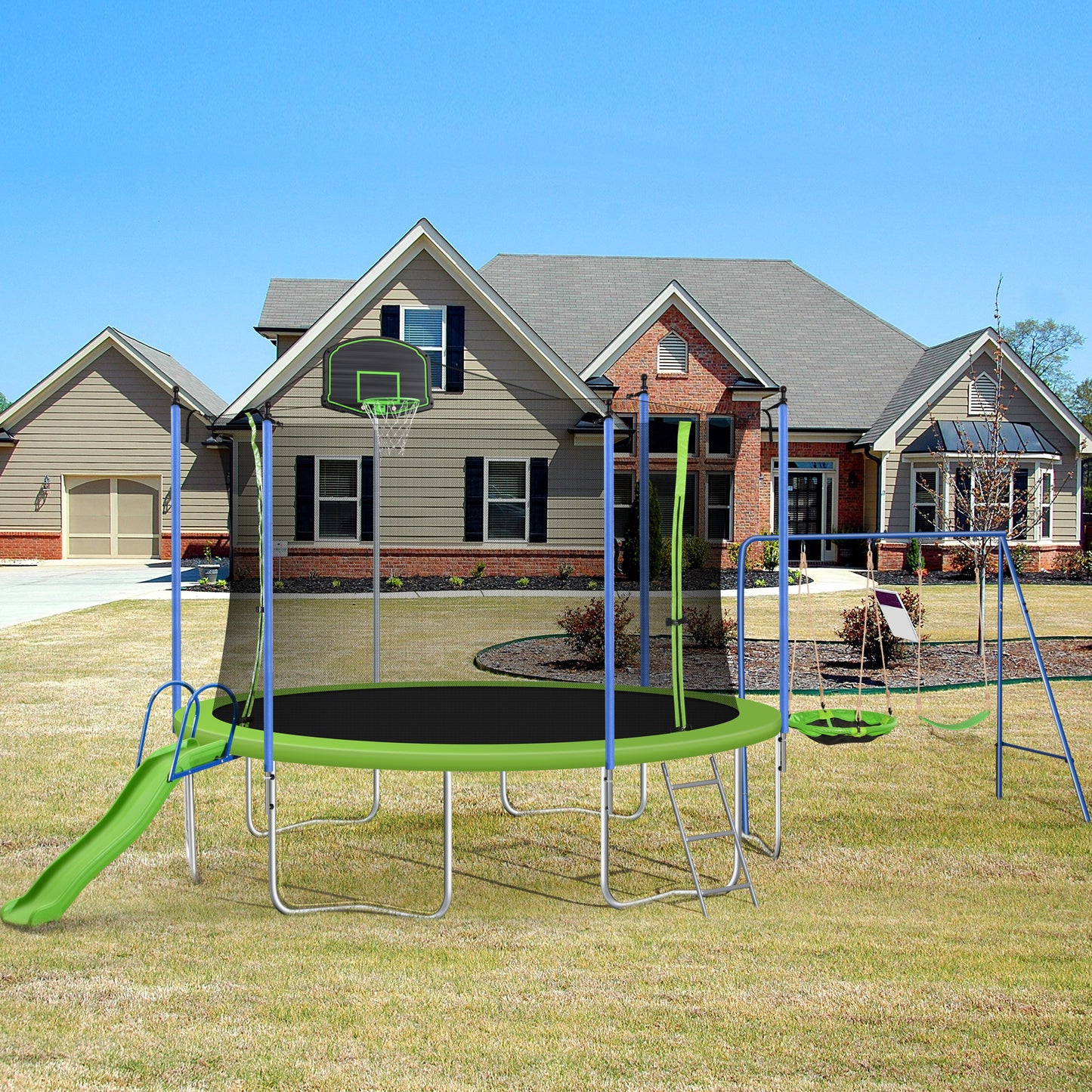 Trampoline and Swing Set, 12FT Trampoline with Slide, Basketball Hoop and Enclosure Net, Outdoor Jumping Fitness Trampoline for Yard, Patio, School, Recreational Trampoline for Kids/Adults, D7691