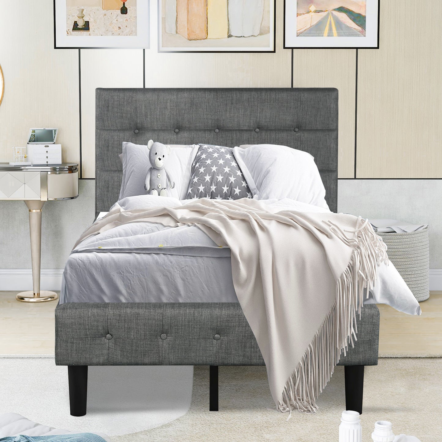 SYNGAR Gray Fabric Upholstered Platform Bed Frame Twin Size with Button Tufted Headboard, Wood Frame Mattress Foundation with Strong Wooden Slat Support, No Box Spring Needed, Easy Assembly