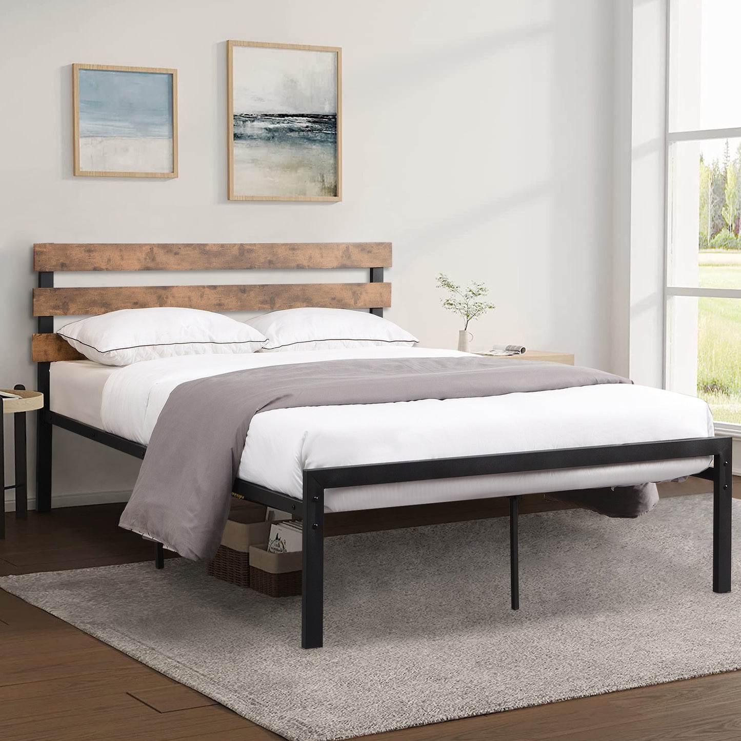 SYNGAR Full Size Metal Platform Bed Frame with Industrial Headboard, Steel Legs, Underbed Storage, Bedroom Furnitrue with Strong Slat Support, No Box Spring Needed, Black