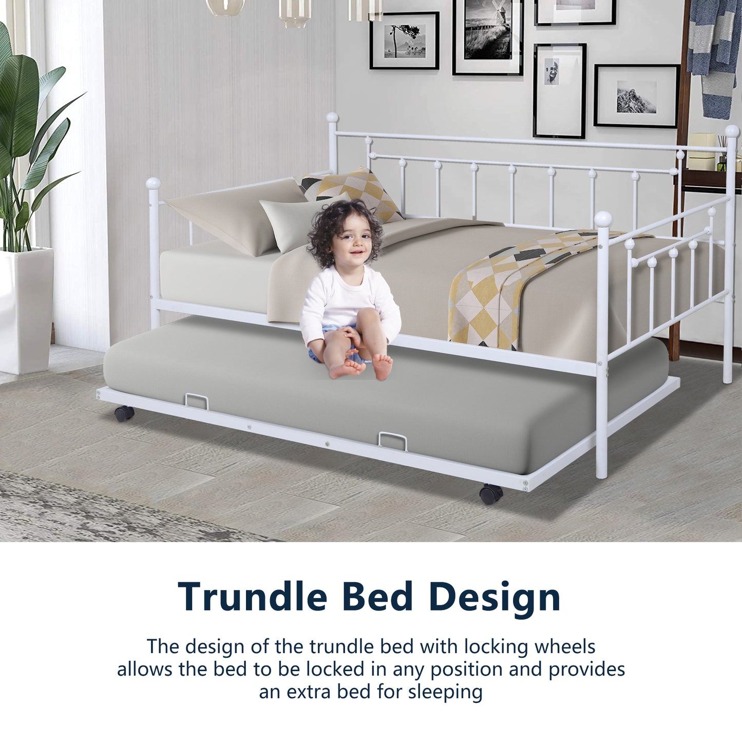 SYNGAR Daybed with Trundle, Twin Size Metal Daybed with Pop Up Trundle, Sofa Bed Day Beds Frame, Bedroom Living Room Furniture for Kids Boys Girls Adults Guest, White