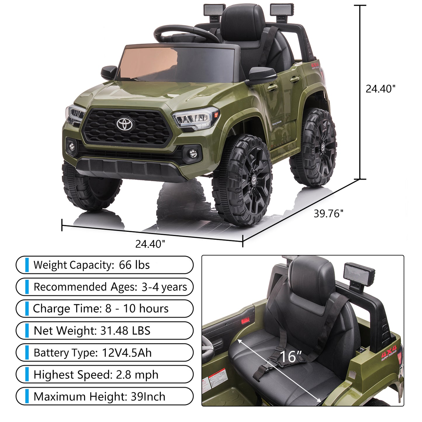 SYNGAR Green 12 V Powered Ride On Car Toyota Tacoma Licenced with Remote Control and MP3 Player for Girls Boys 2 3 4 Years