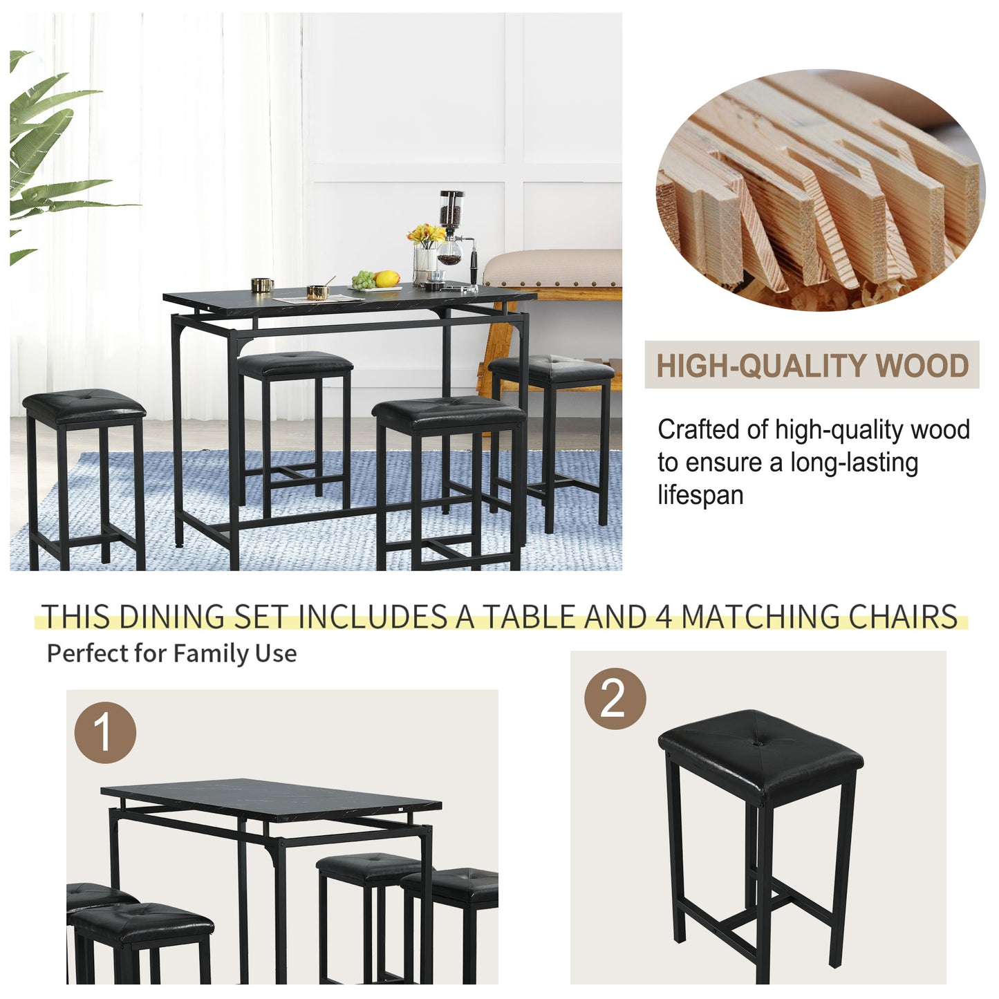 SYNGAR 5 Piece Dining Table Set, Modern Pub Table Set W/ 4 PU Leather Cushioned Stools, Counter Height Faux Marble Bar Table Set, 4-Person Dining Table & Stools Set, Kitchen Breakfast Table Set, Y008