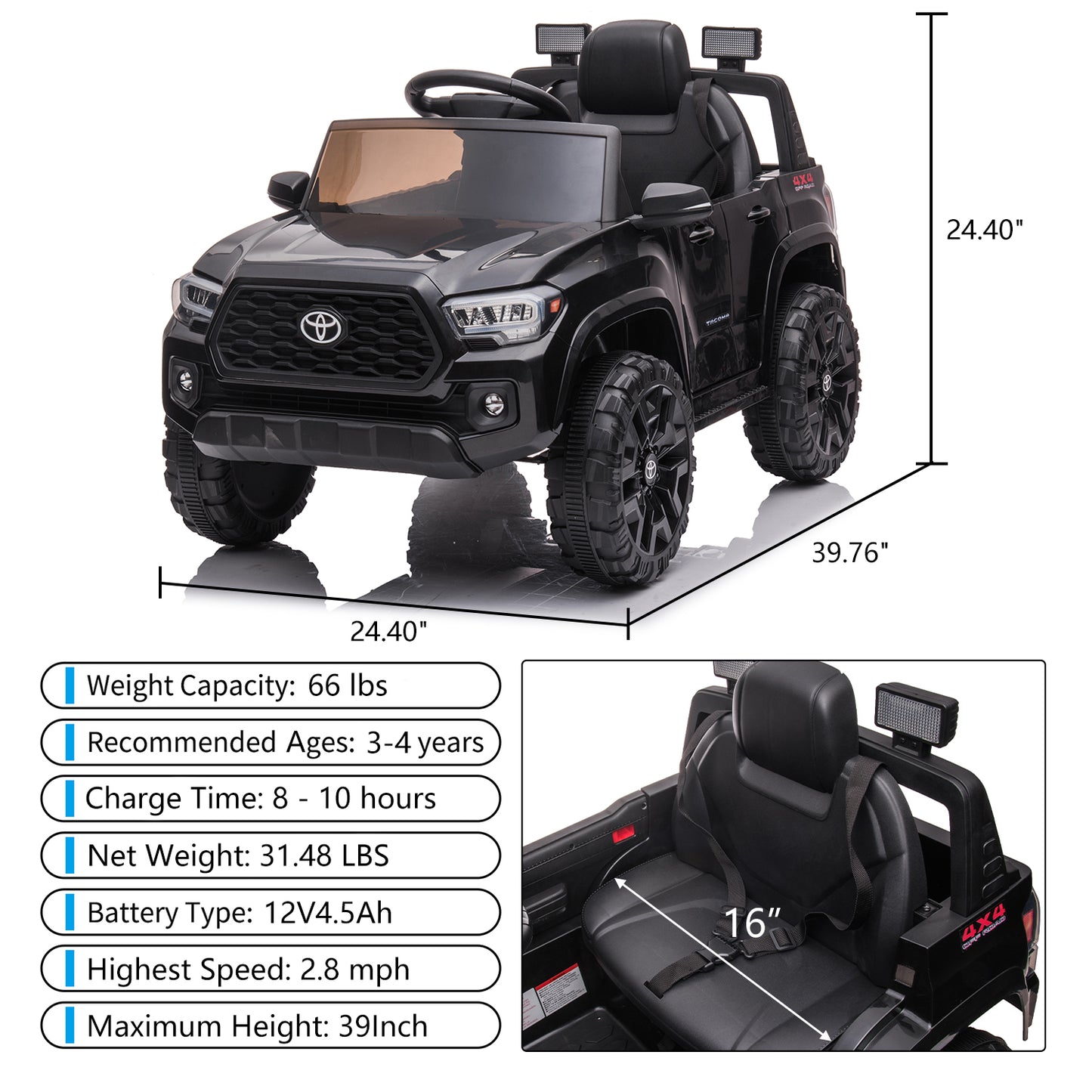 SYNGAR Licensed Toyota Tacoma 12 V Electric Ride on Car for Kids, Black Battery Powered Truck Toy with Remote Control, LED Light and MP3 Player