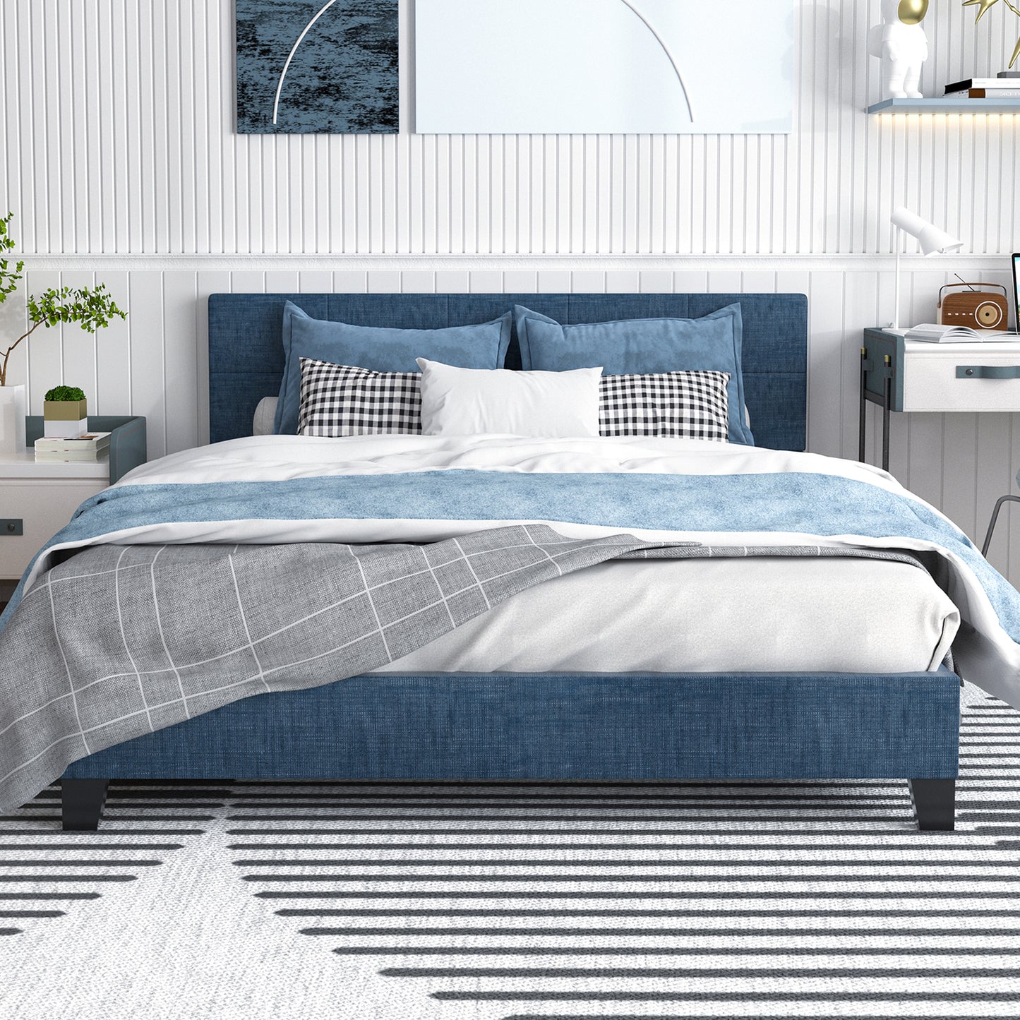 SYNGAR Queen Size Fabric Upholstered Platform Bed Frame with Rivet Wingback Headboard, Mattress Foundation, Metal Frame, Strong Wood Slat Support for Kids Teens Adults, No Box Spring Needed, Beige