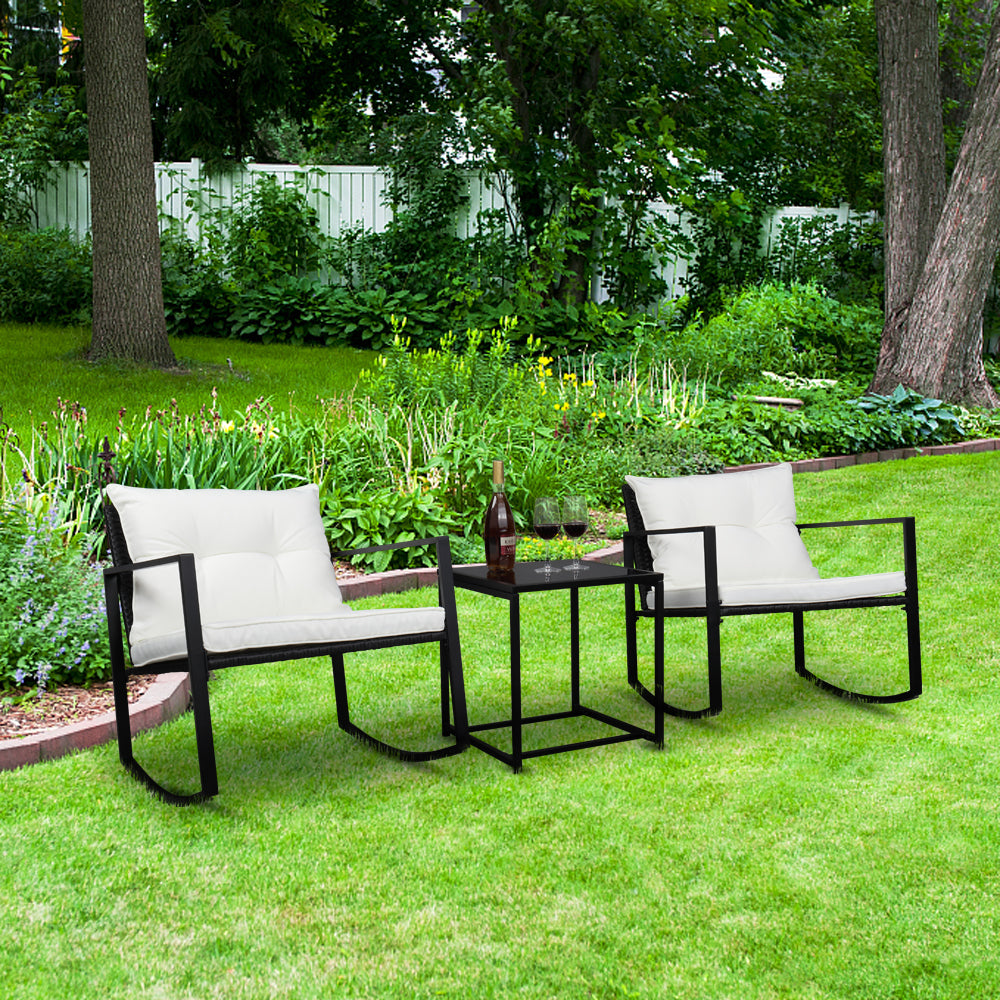 SYNGAR Patio Conversation Set of 3, Metal Outdoor Furniture with 2 Chairs, Patio Metal Coffee Table, and Cushions, Dining Set Seating for Outdoor Garden Backyard Lawn, White