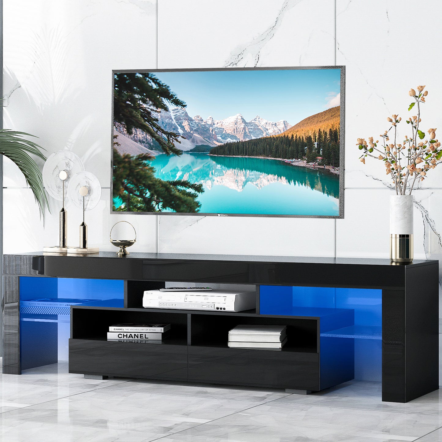 SYNGAR White TV Stand for 65 inch TV, Modern High Glossy TV Console Table Stand with 16 Colors LED Lights, Living Room TV Table Stand Buffet Cabinet with Storage, 58"L×14" W×21"H