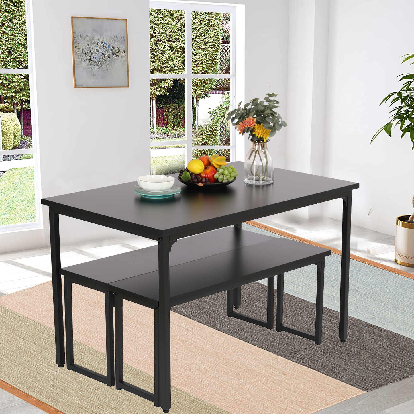 SYNGAR 3 Piece Kitchen Table Set, Modern Dining Set with 2 Benches, Home Dining Table Set for 4, Breakfast Table and Chairs Set, for Small Space, Kitchen, Dining Room, Restaurant, Beige, Y005