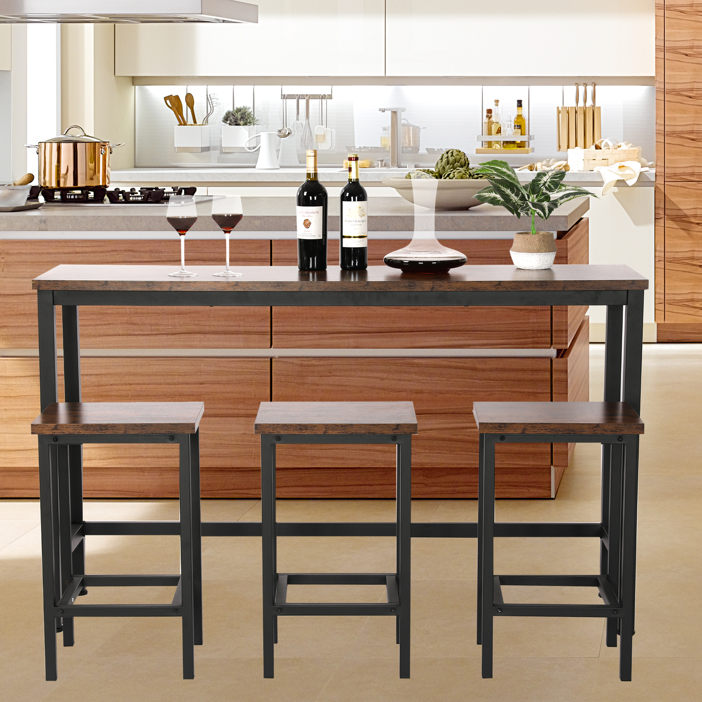 SYNGAR 4-Piece Counter Height Dining Set, Long Pub Table and 3 Stools Set, Modern Bar Table Set for 3, Home Kitchen Breakfast Dining Table Set, Fits for Dining Room, Restaurant, Brown, D6415