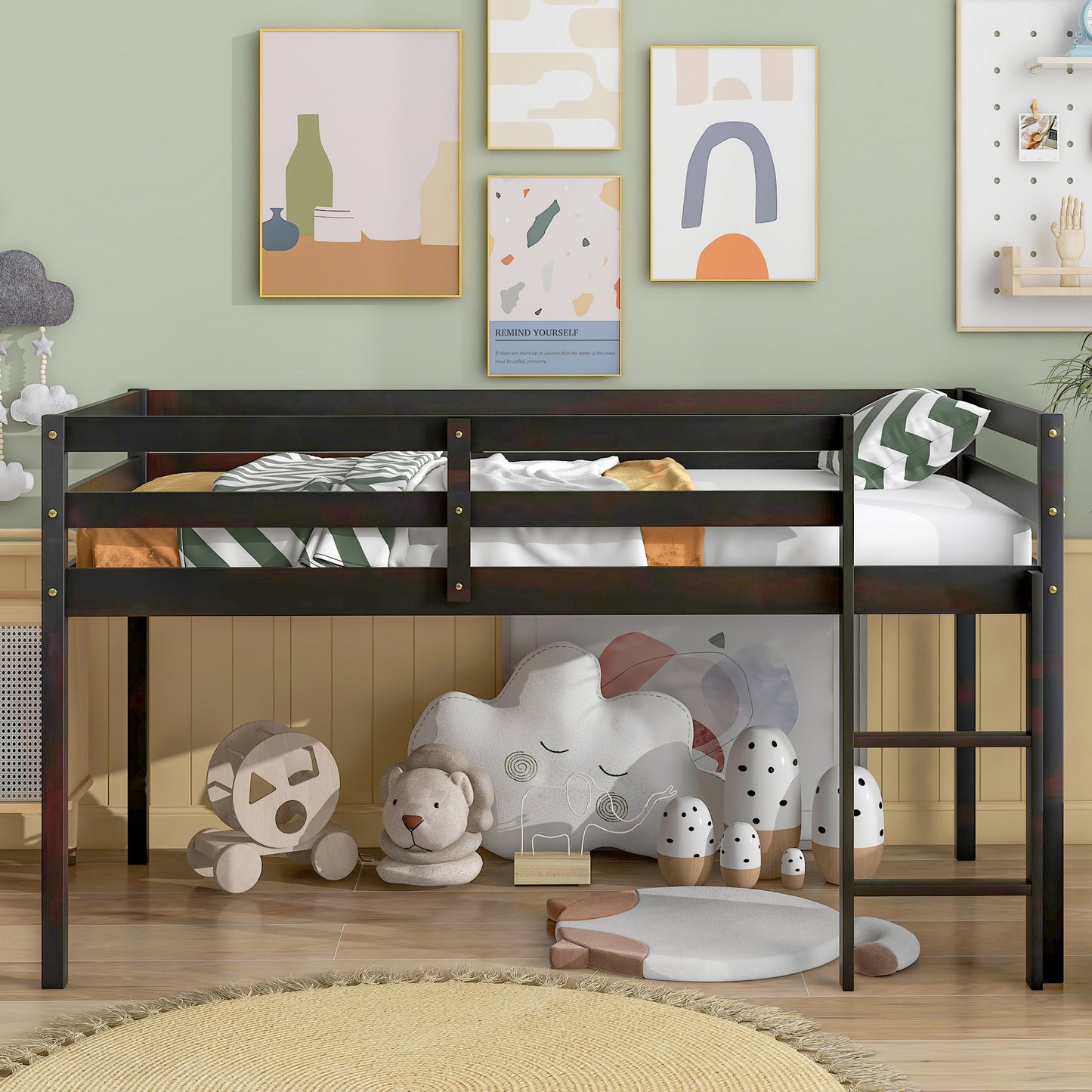 SYNGAR Twin Size Kids Loft Bed with Stairs, Wood Toddler Bunk Bed for Boys Girls Teens Adults, Twin Bed Frame with Storage, Low Profile Loft Bed for Kids Bedroom, Gray