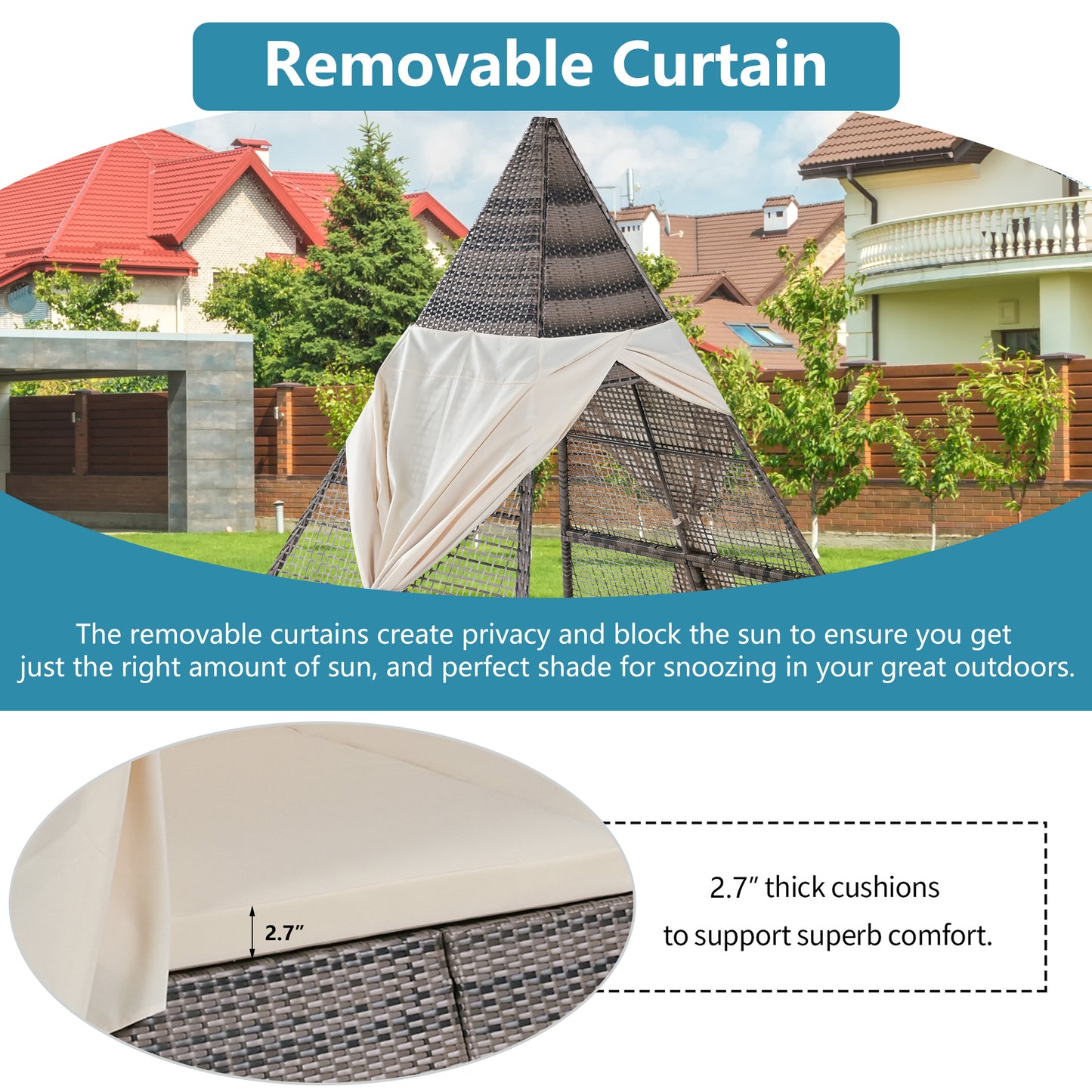Syngar Outdoor Patio Sunbed with Removable Curtain, All Weather PE Wicker Tent-Shaped Daybed with Beige Cushions and Colorful Pillows, Patio Furniture Set for Garden Porch Deck Poolside