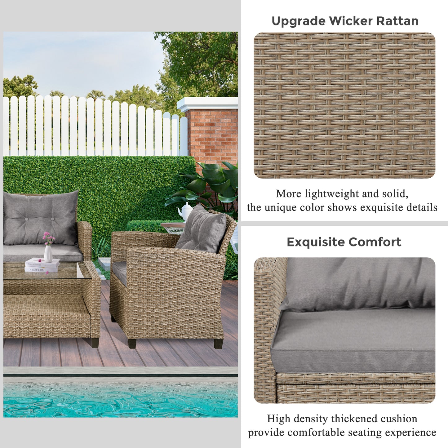 SYNGAR 4 Pieces Patio Furniture Sectional Set, Outdoor All-Weather Manual Weaving Wicker Conversation Set with Cushion & Table, Rattan Sectional Sofa Set, Yard Porch Deck Use Furniture Set, B630