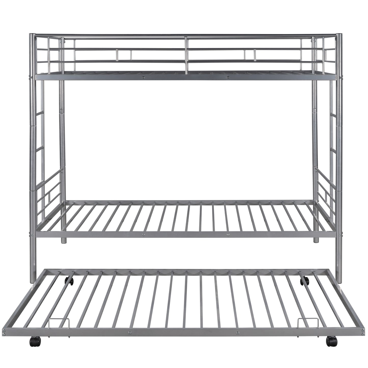 Twin over Twin Bunk Bed Frame with Trundle, SYNGAR Upgraded Bunk Beds with Ladder & Guardrail, Heavy Duty Kids Bedroom Furniture Bunk Bed for Boys and Girls, Space Saver Guest Room Bunk, Silver, C24