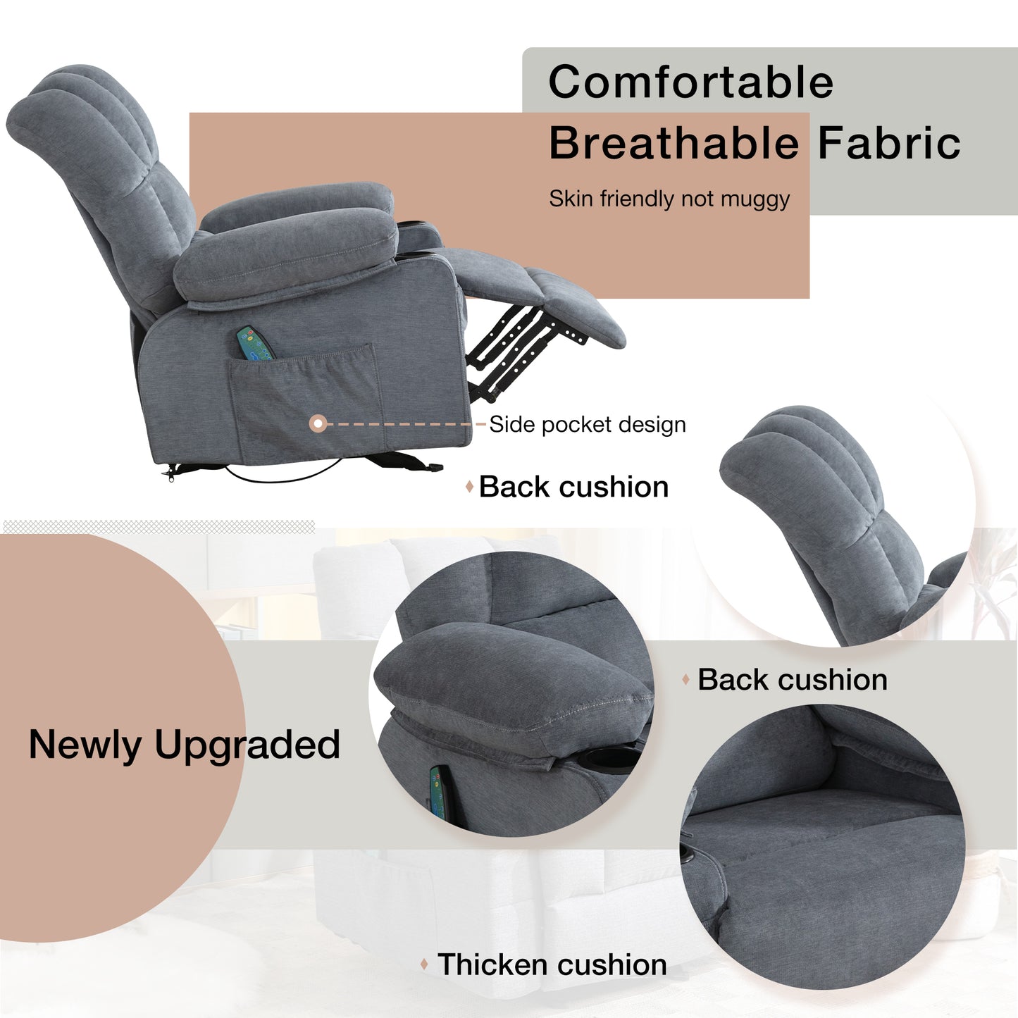 SYNGAR Manual Recliner Chair with Heat Therapy and Massage Function, Heavy Duty Reclining Mechanism Massage Chair, Elderly Single Rocker Sofa with Cup Holders for Bedroom Home Theater, Brown
